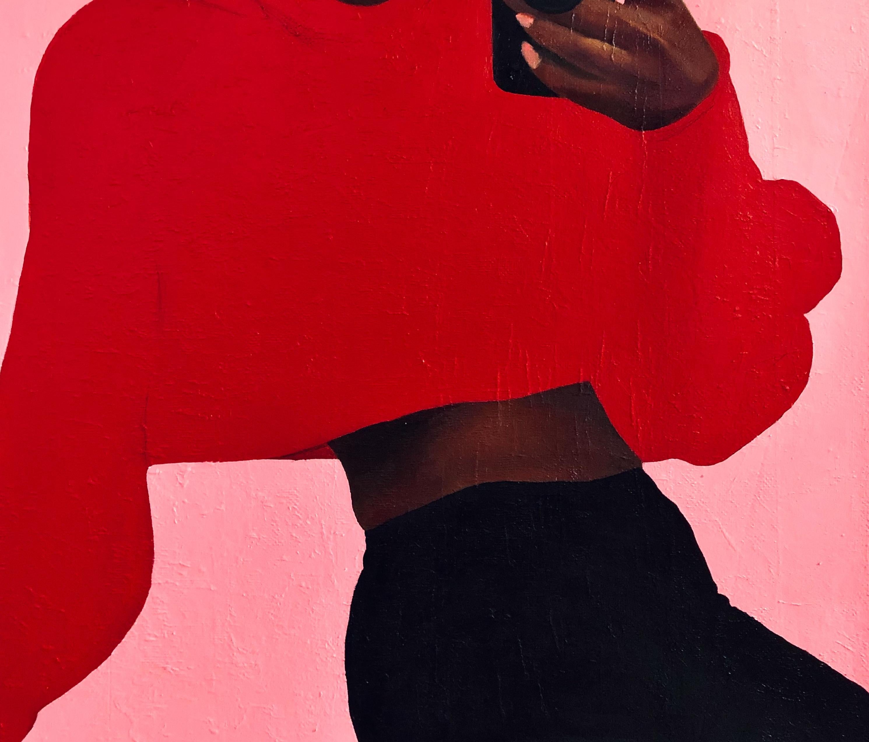 Addio - 21° secolo, Contemporaneo, Figurativo, Moda, Donna, Amore, Telefono - Figurative Painting Rosso di Akinboye Akinola Peter