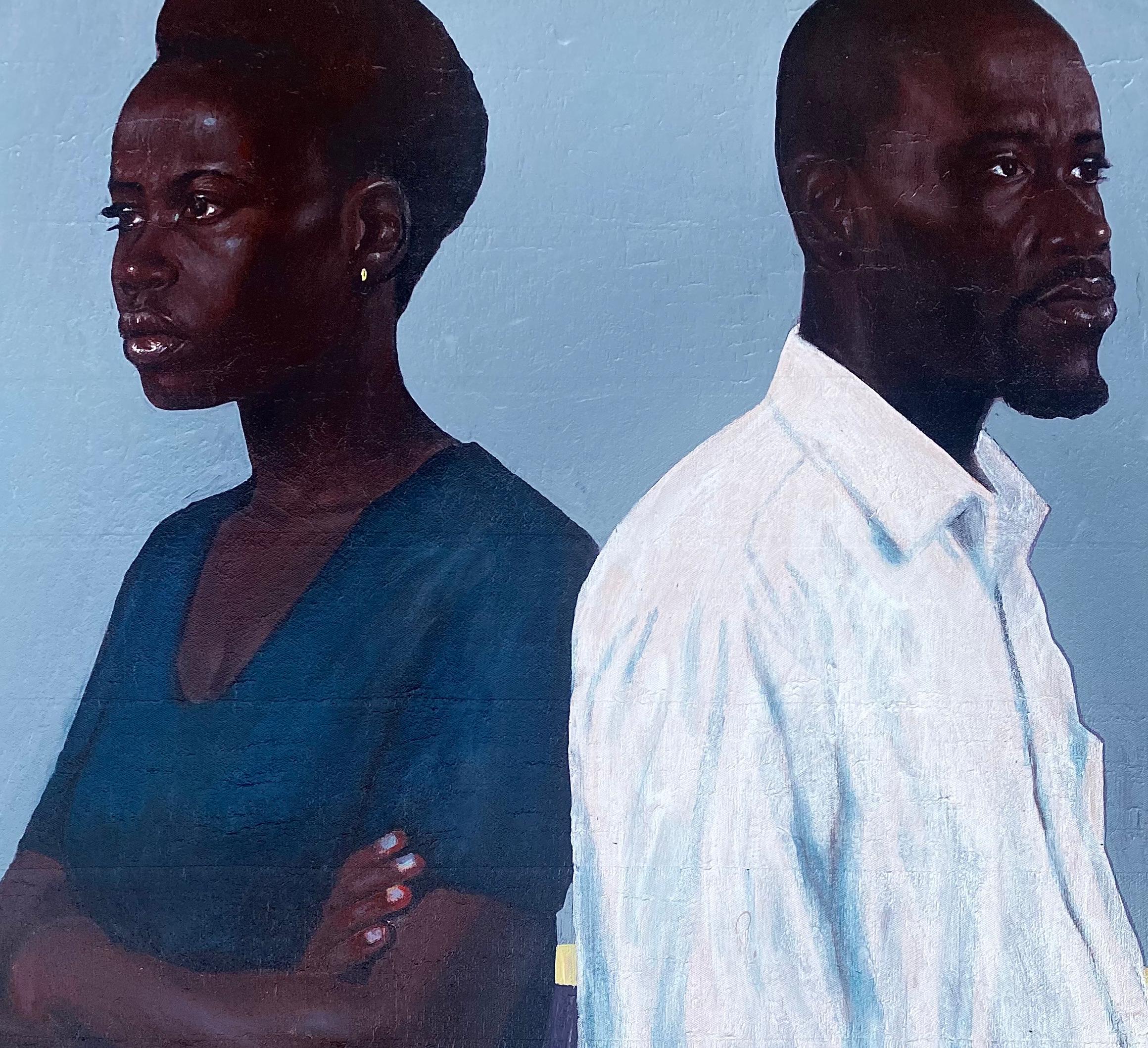 Questo dipinto è un'impressionante testimonianza del linguaggio silenzioso delle relazioni umane, un'evocativa rappresentazione della presenza, della distanza e del dialogo non detto che permane tra due figure. L'artista cattura magistralmente un