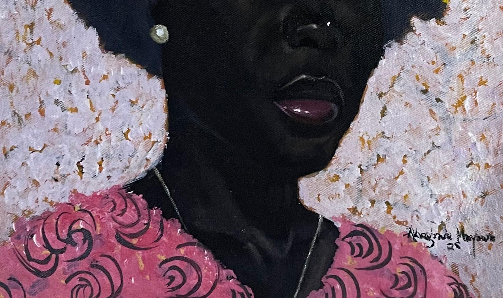 Afro Lady -21. Jahrhundert, Zeitgenössisch, Figuratives Porträt, Moderne Frauen, Floral (Schwarz), Figurative Painting, von Akingbade Mayowa