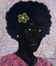 Afro Lady -21. Jahrhundert, Zeitgenössisch, Figuratives Porträt, Moderne Frauen, Floral