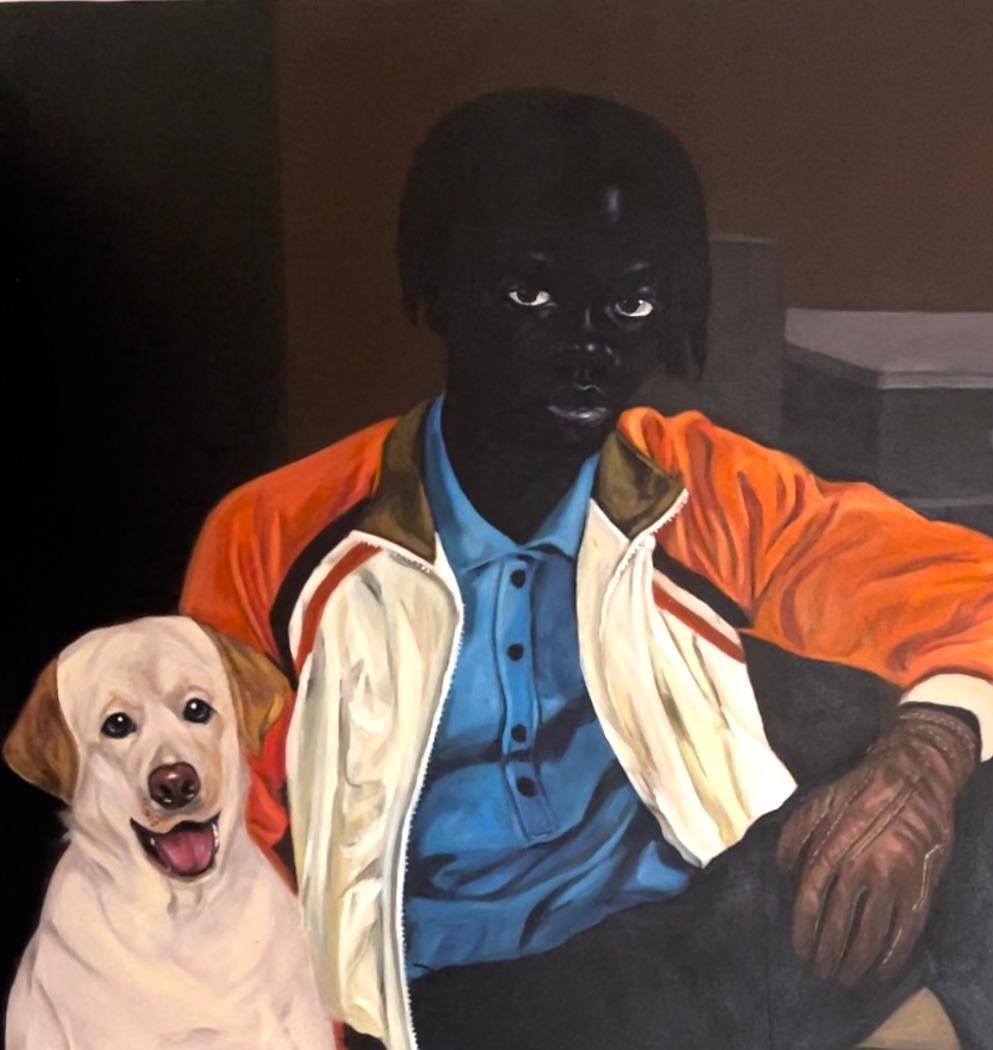 At The Warehouse - 21st Century, Contemporary, Figurative Portrait, Woman, Dog - Painting de Akingbade Mayowa