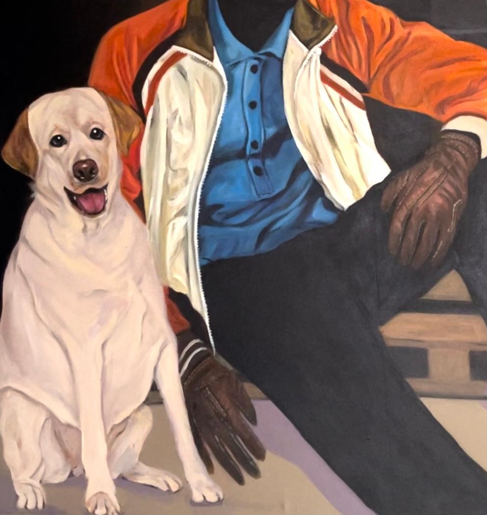 At The Warehouse - 21st Century, Contemporary, Figurative Portrait, Woman, Dog - Noir Animal Painting par Akingbade Mayowa
