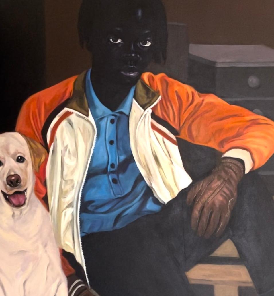 At The Warehouse - 21st Century, Contemporary, Figurative Portrait, Woman, Dog en vente 2