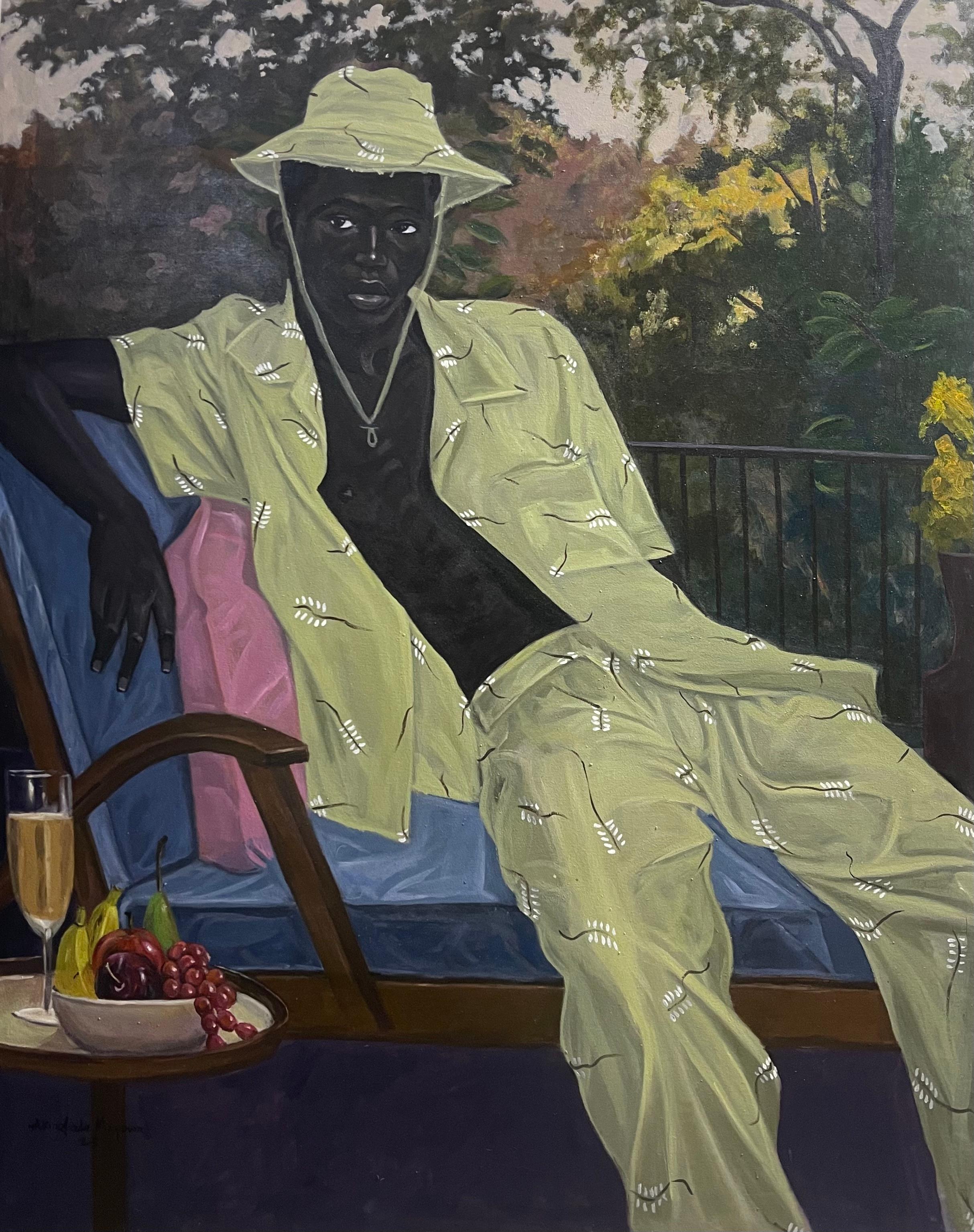 Akingbade Mayowa Figurative Painting – Balkon Frische Luft - Gemälde, Acryl auf Leinwand