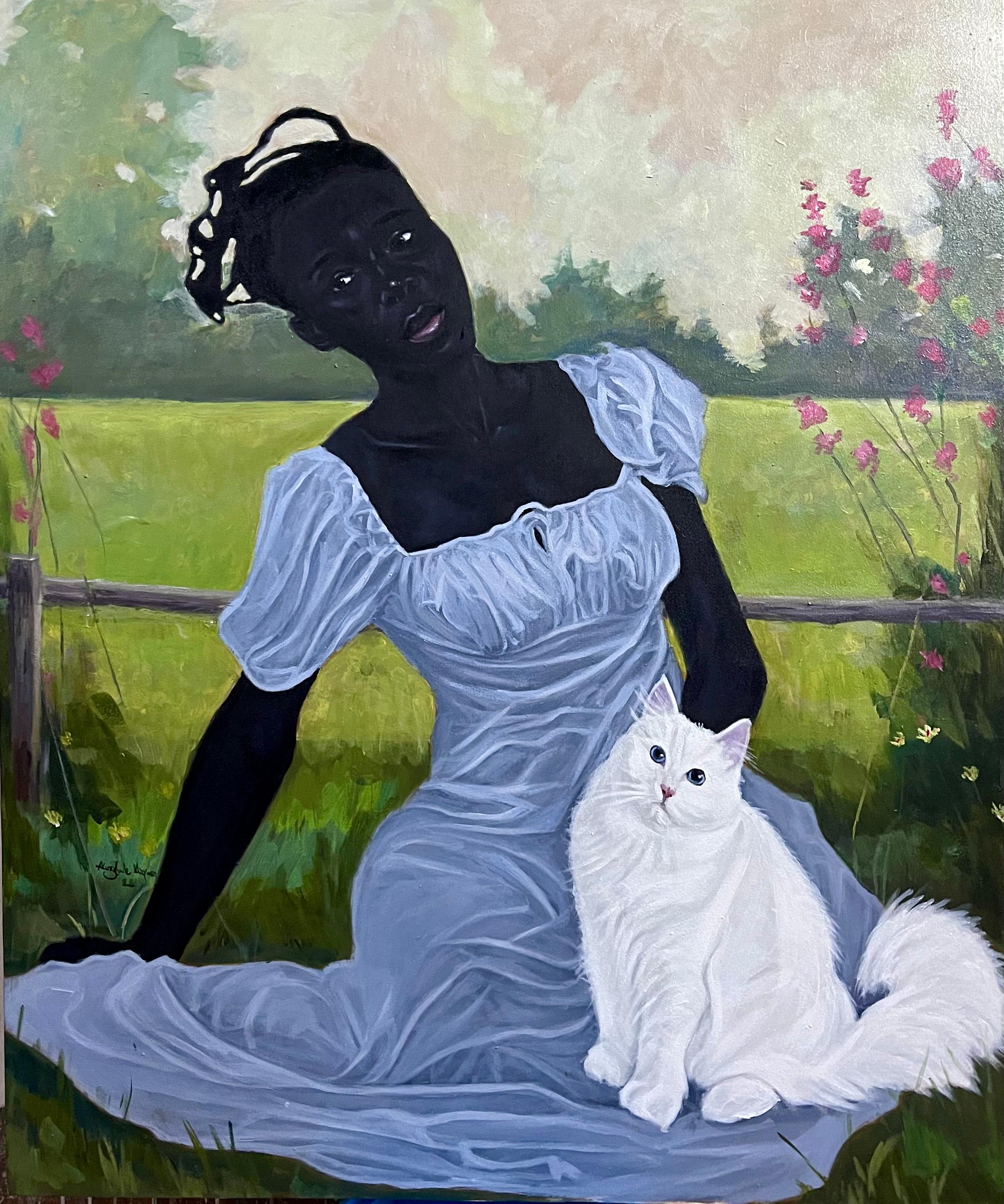 Akingbade Mayowa Animal Painting - Dutress and Her Cat -21st Century, Contemporary, Figurative, Women, Animals