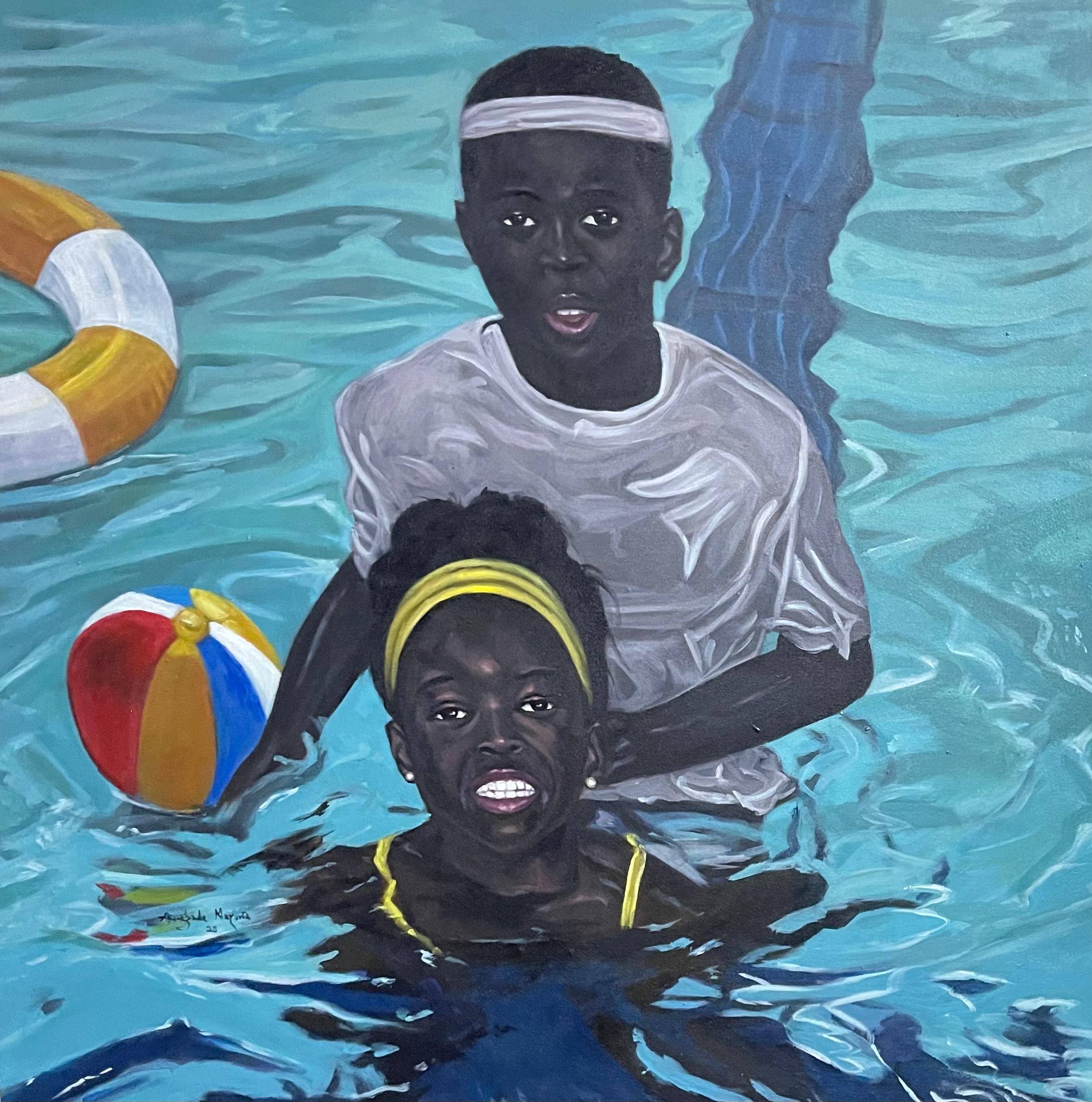 Akingbade Mayowa Portrait Painting - Fun At The Pool 1 - Painting, Acrylic on canvas