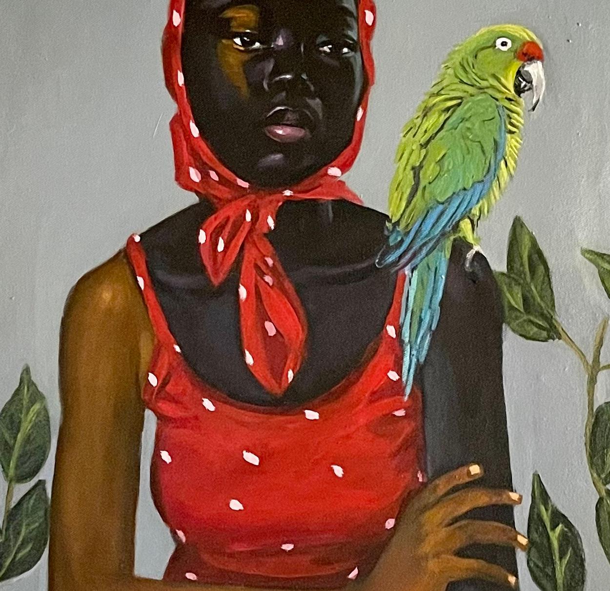 Not Alone 2 - 21. Jahrhundert, Zeitgenössisch, Figuratives Porträt, Modern, Frauen (Grau), Animal Painting, von Akingbade Mayowa
