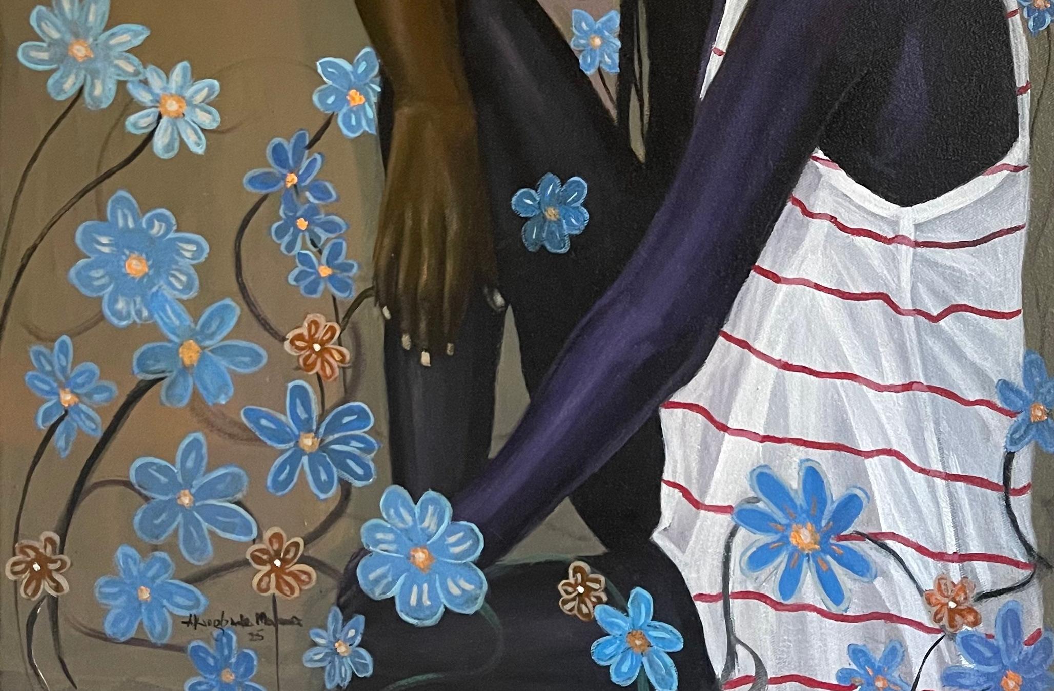 Not Alone - 21. Jahrhundert, Zeitgenössisch, Figuratives Porträt, Afrika Frauen, Flora (Surrealismus), Painting, von Akingbade Mayowa