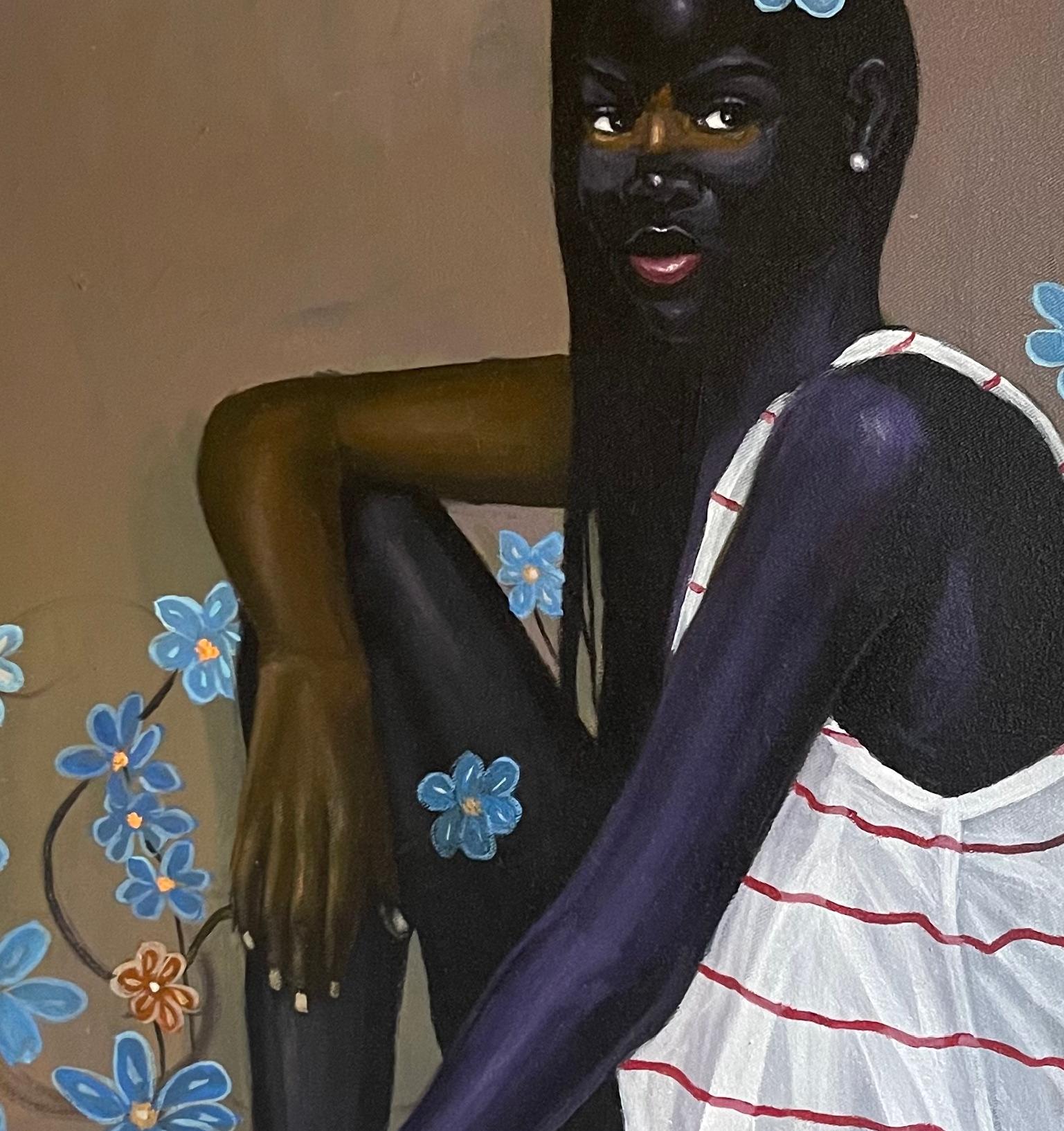 Not Alone - 21. Jahrhundert, Zeitgenössisch, Figuratives Porträt, Afrika Frauen, Flora (Grau), Animal Painting, von Akingbade Mayowa