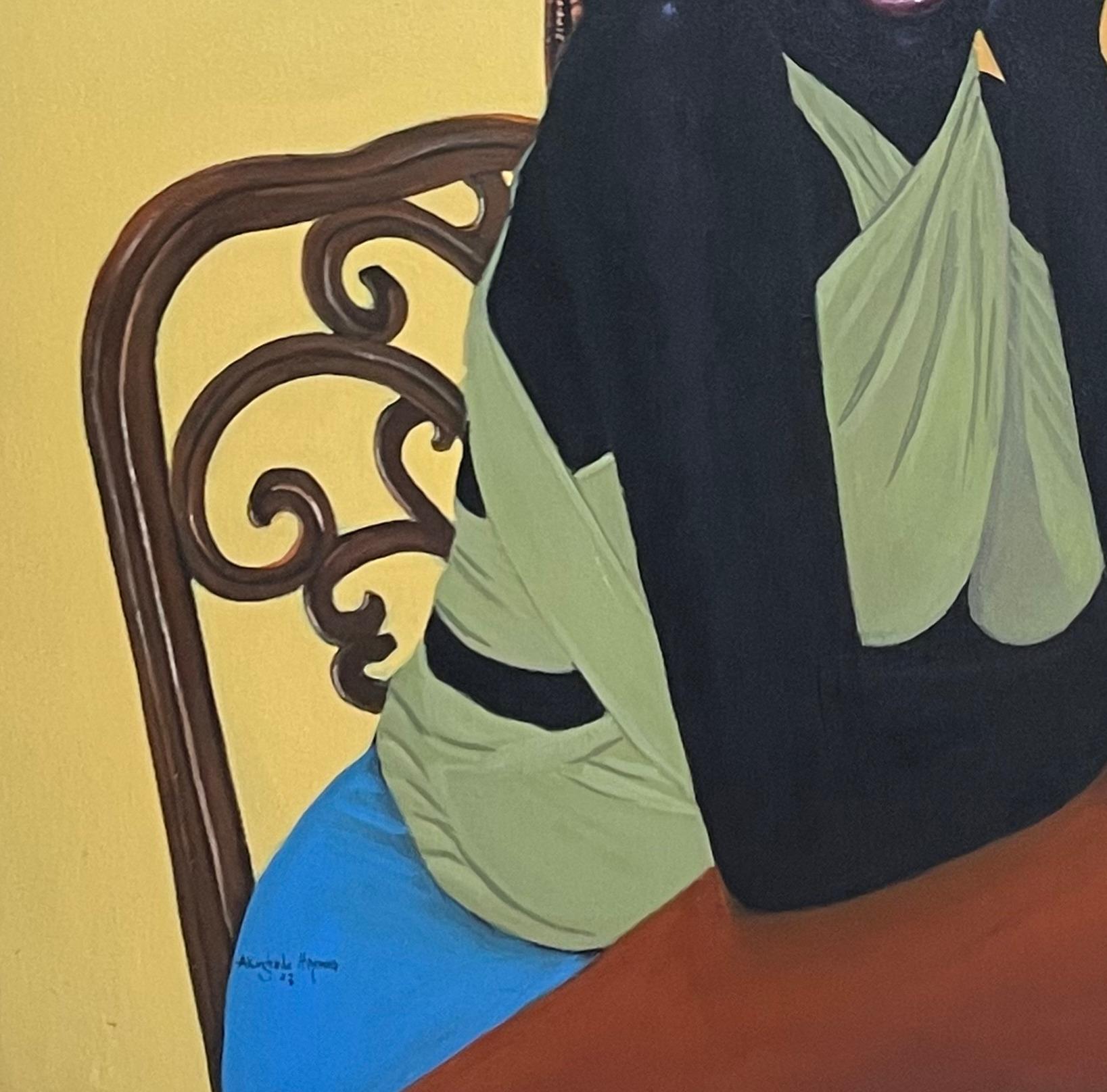 Esperando pacientemente 2 - Siglo XXI, Contemporáneo, Figurativo, Mujer negra, Amor - Animal Painting Beige de Akingbade Mayowa