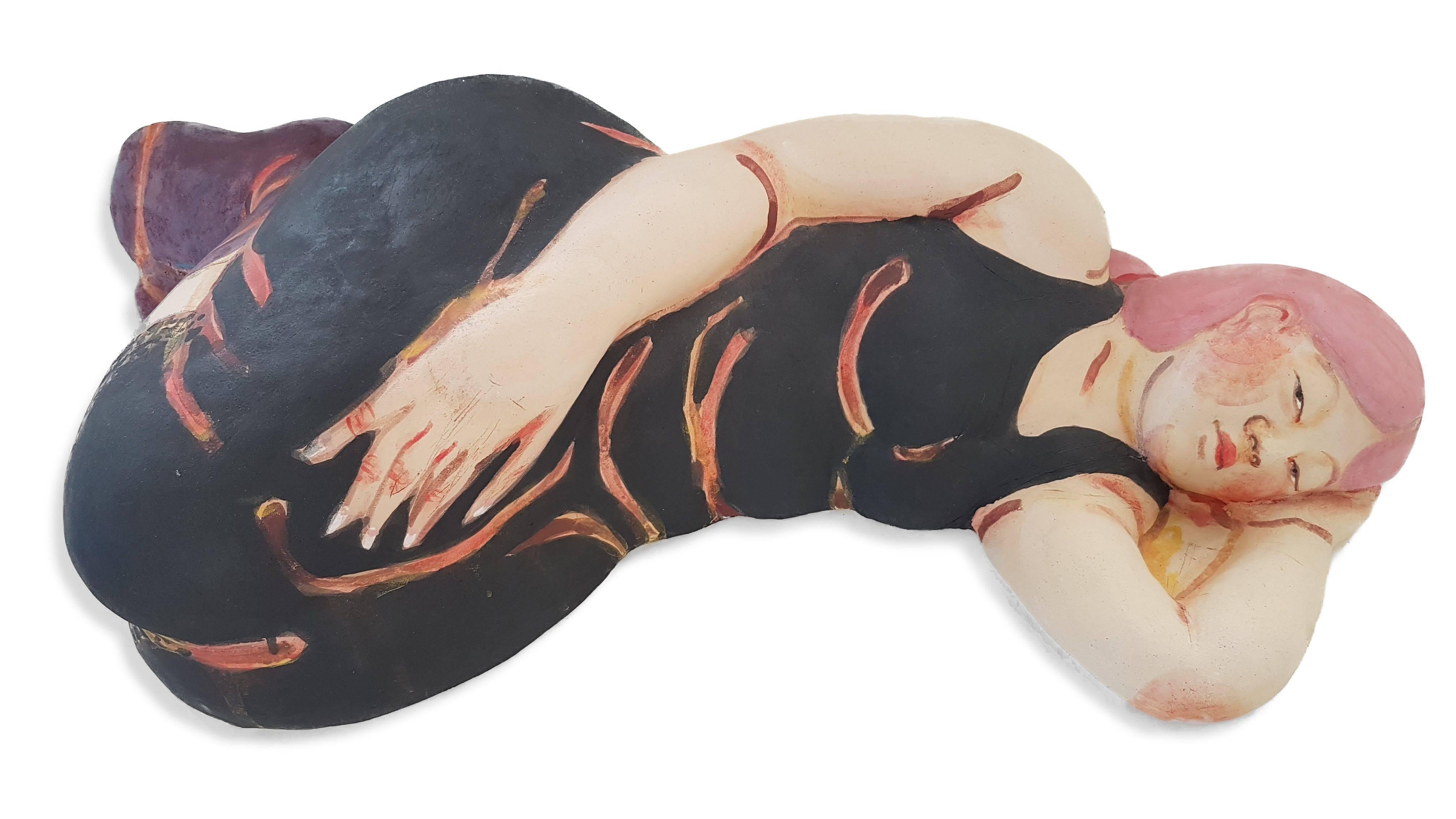 Akio Takamori Figurative Sculpture - Sleeping Woman in Black Dress with Red Hair