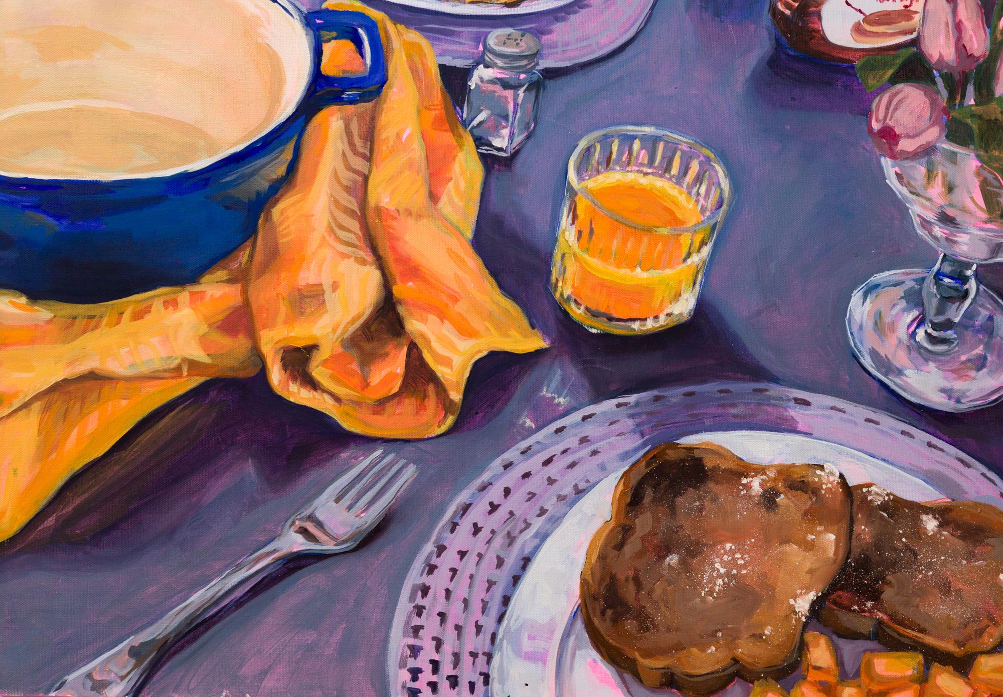 « Breakfast », figure de femme, nourriture intérieure, scène du matin, huile sur toile - Gris Portrait Painting par Akira Gordon