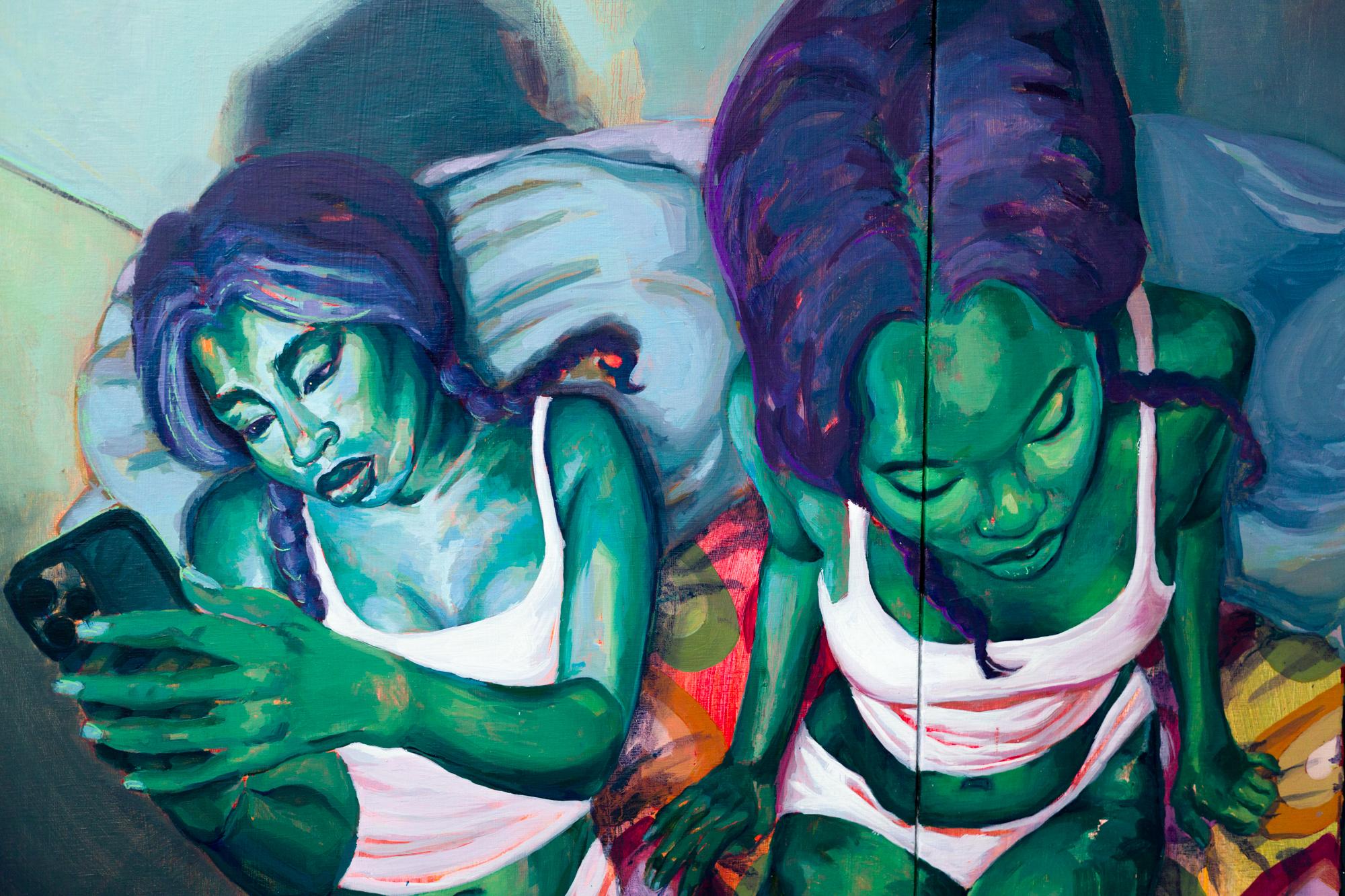 „Eyes Wide“, weibliche Figur, Schlafzimmer, Diptychon, Öl auf Holzplatte – Painting von Akira Gordon