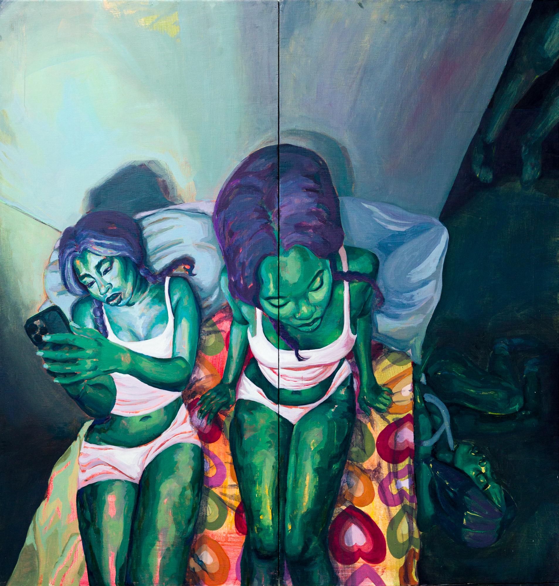 Akira Gordon Portrait Painting – „Eyes Wide“, weibliche Figur, Schlafzimmer, Diptychon, Öl auf Holzplatte