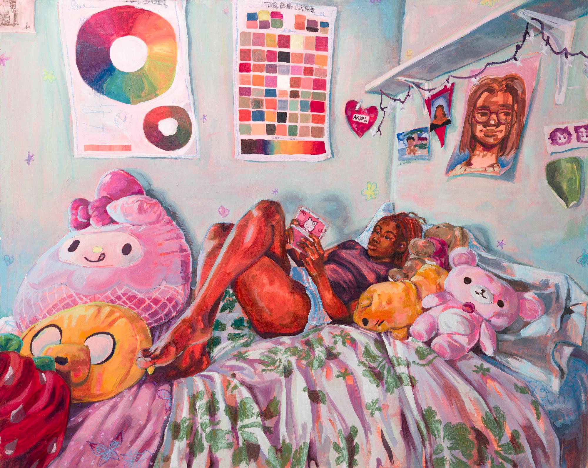 Akira Gordon Portrait Painting - "Surrounded By Fuzzy Friends", Human Figure, Bedroom, Stuffed animals, games