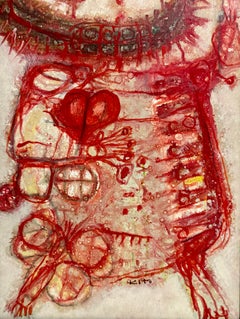 1963 French Japanese Art Brut Abstract Oil Painting Akira Kito Diable et Rouge