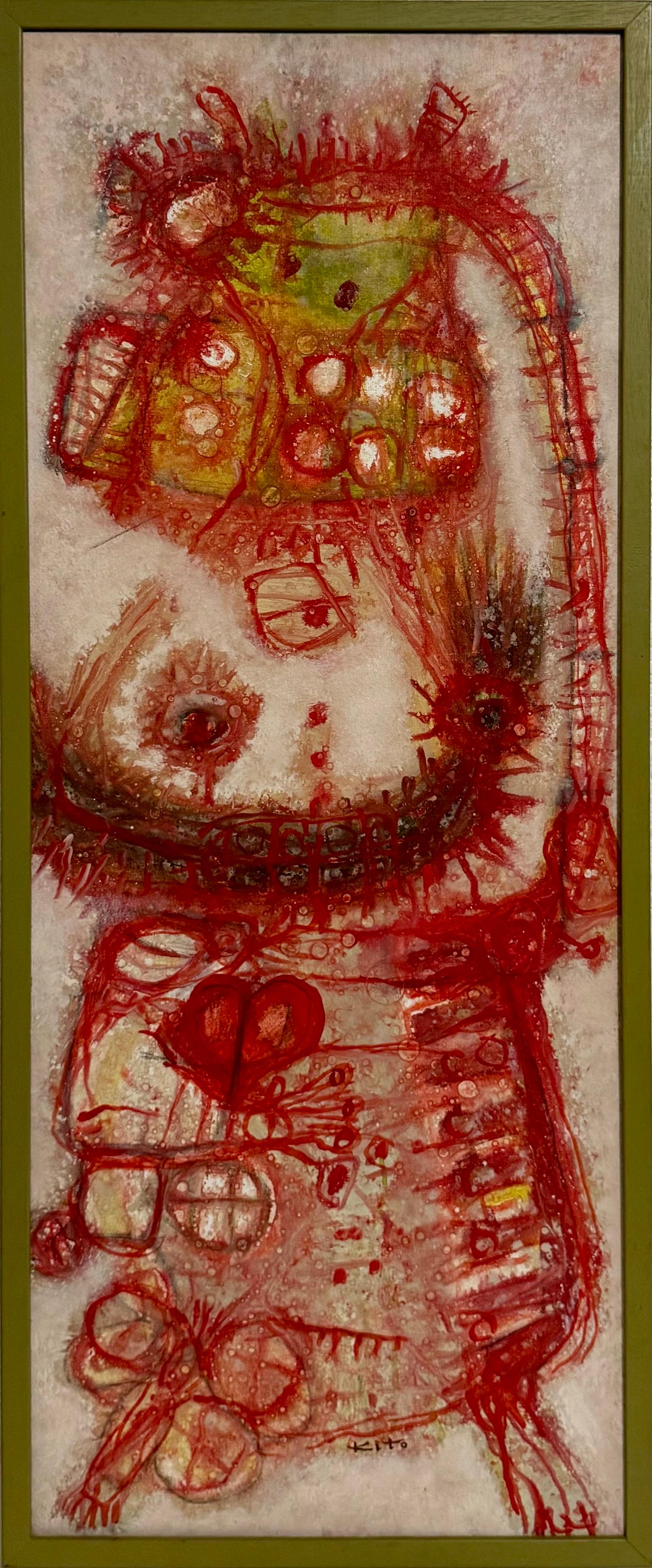 Französisches japanisches abstraktes Ölgemälde im Art Brut-Stil, Akira Kito Diable et Rouge, 1963