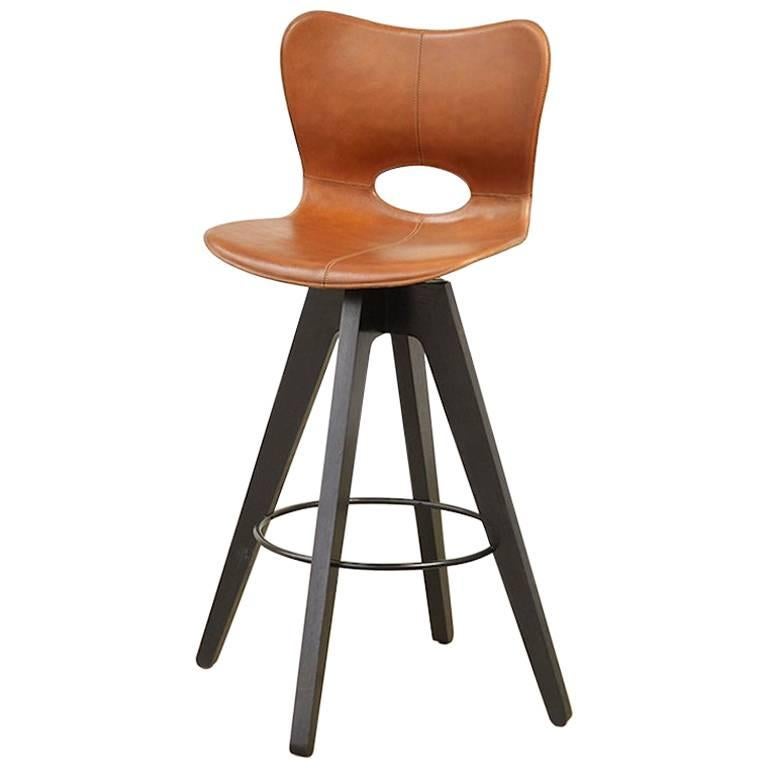 AKMD Collection Leather and Wood Lariat Barstool For Sale