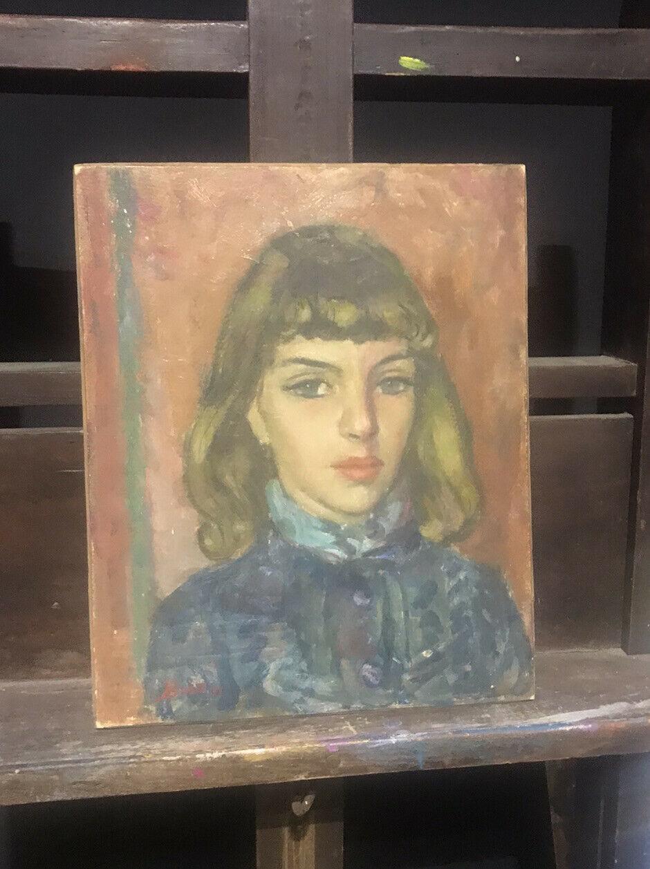 Akos Biro French Expressionist Oil - Portrait Young Lady In Good Condition For Sale In Cirencester, GB