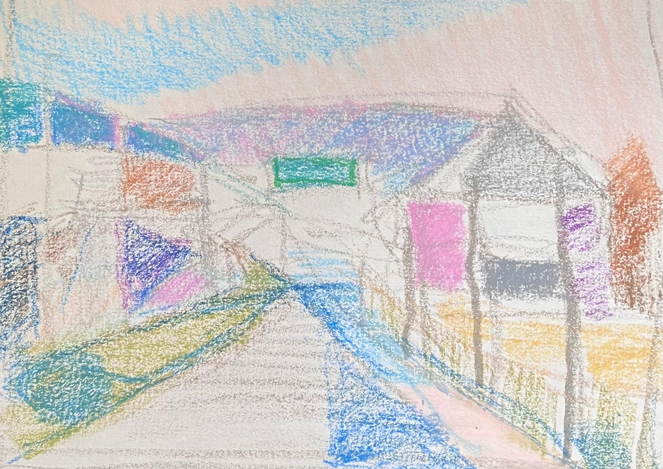 Dibujo al pastel de un paisaje de granero expresionista francés del siglo XX - Painting de Akos Biro