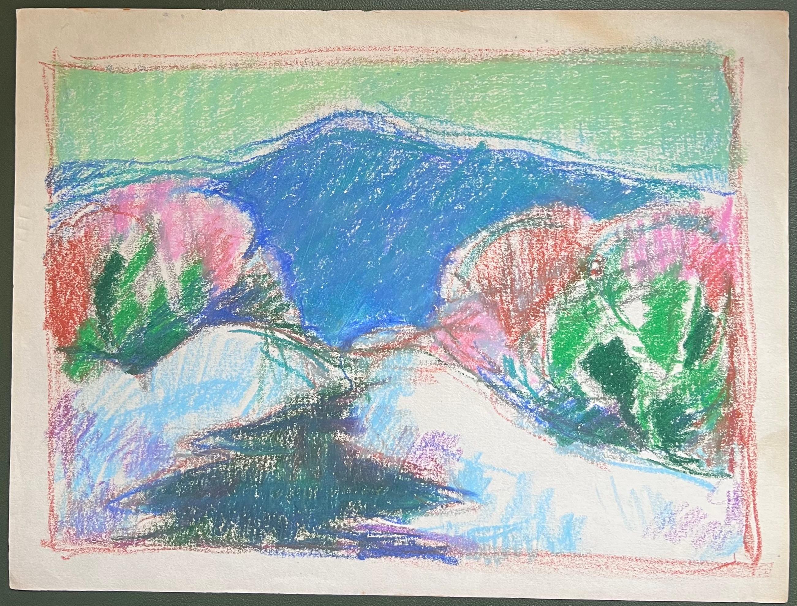 20th Century French Expressionist Blue Mountain Amongst the Bright Flower Beds - Painting by Akos Biro