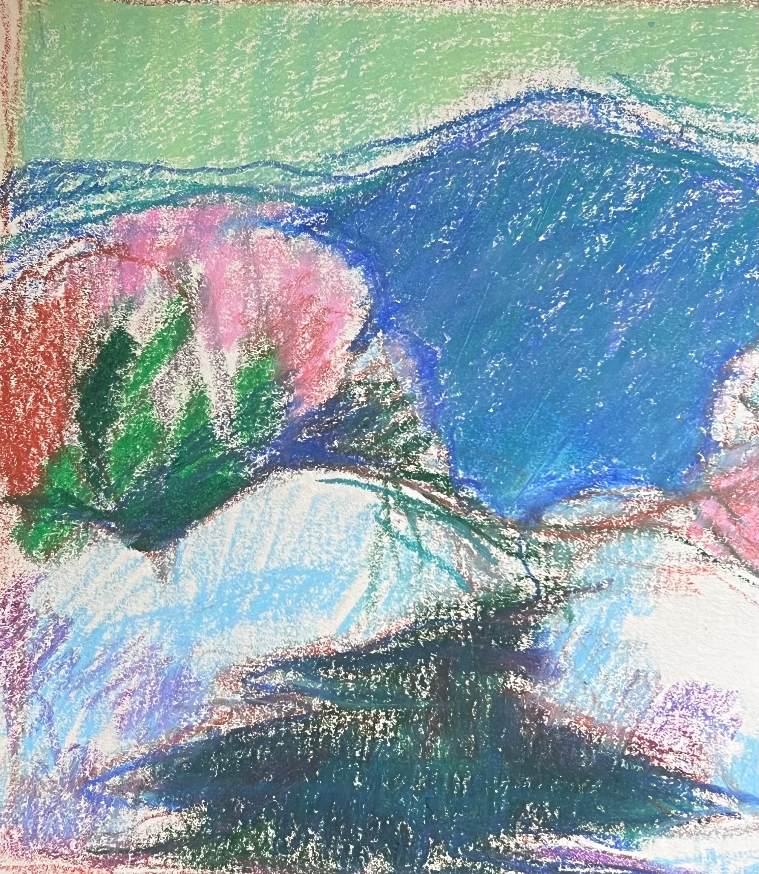 20th Century French Expressionist Blue Mountain Amongst the Bright Flower Beds - Gray Abstract Painting by Akos Biro
