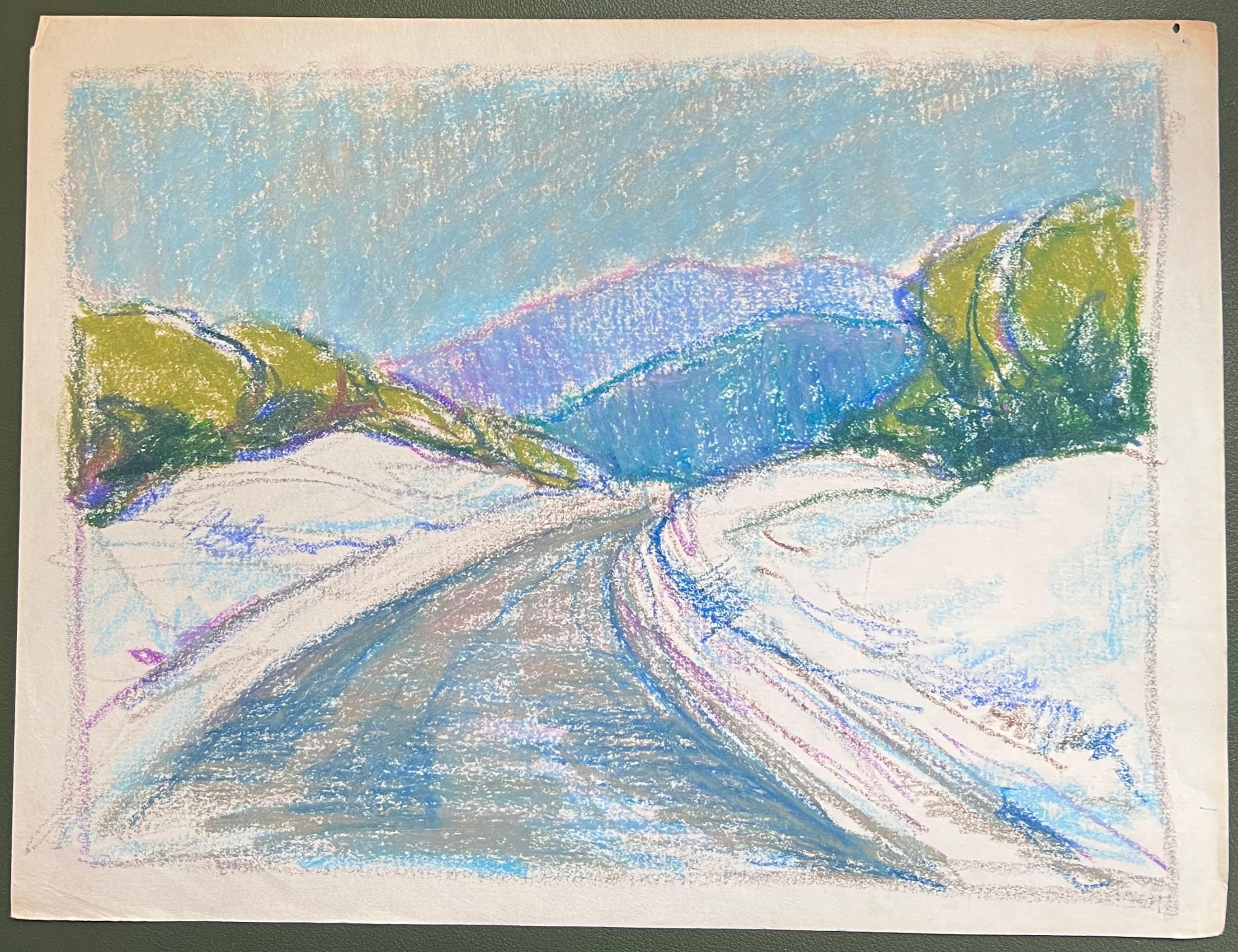 Espressionista francese del 20° secolo, sentiero a pastello blu che conduce al paesaggio delle Alpi - Painting di Akos Biro