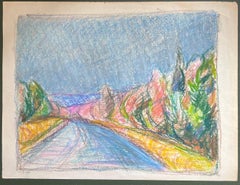 20th Century French Expressionist Blue Track In Bright Forest Tree Landscape