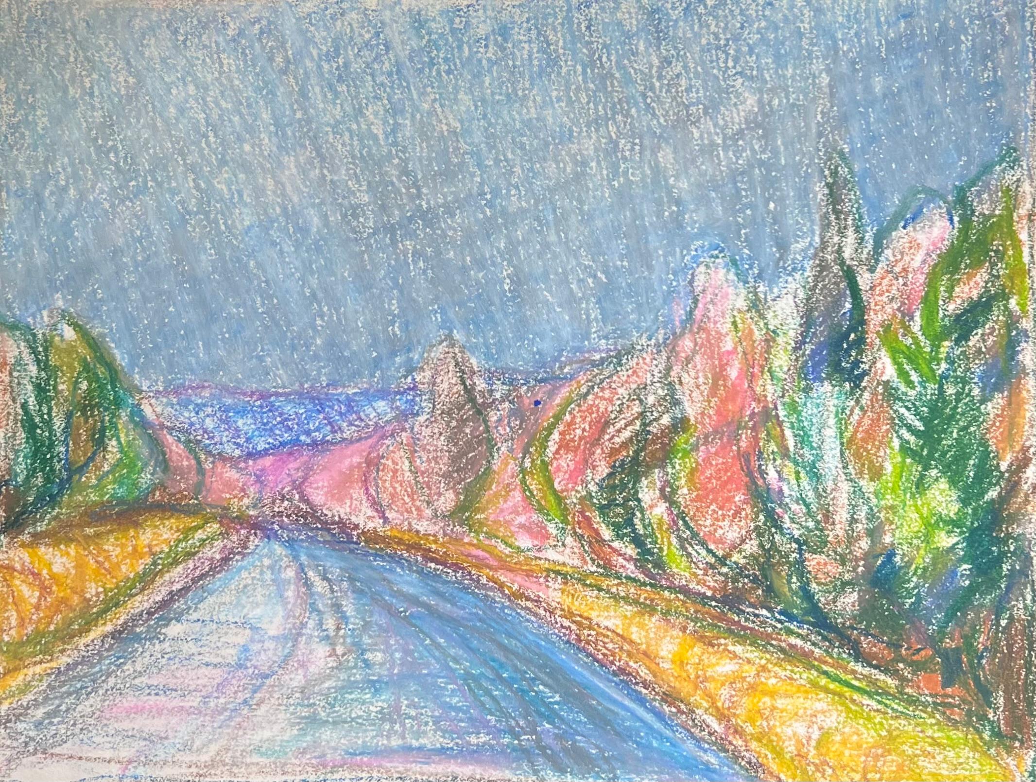 Abstract Painting de Akos Biro - Expresionista francés del siglo XX Pista azul en paisaje arbolado de bosque luminoso
