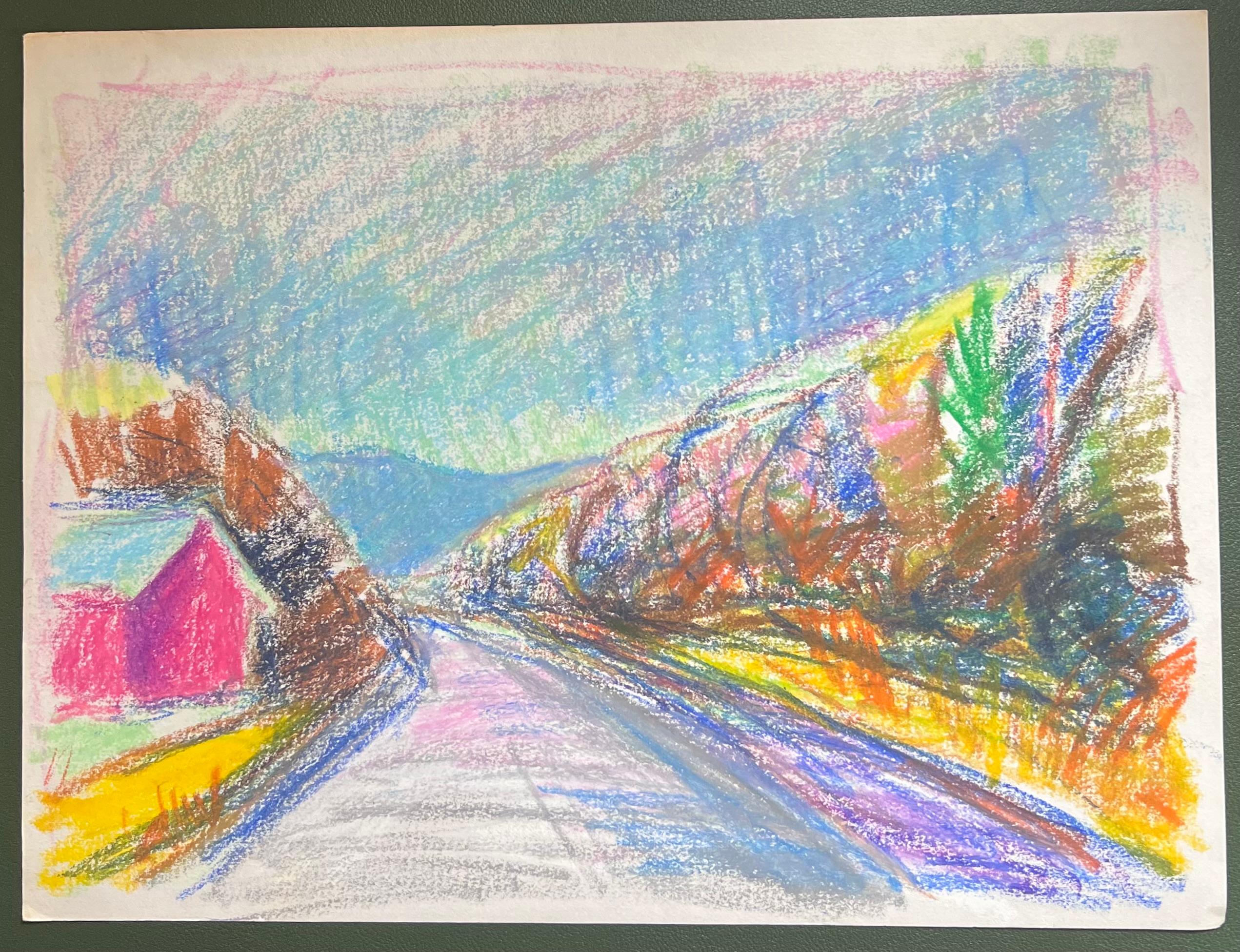 Expresionista francés del siglo XX Paisaje montañoso de carretera brillante y colorido - Painting de Akos Biro