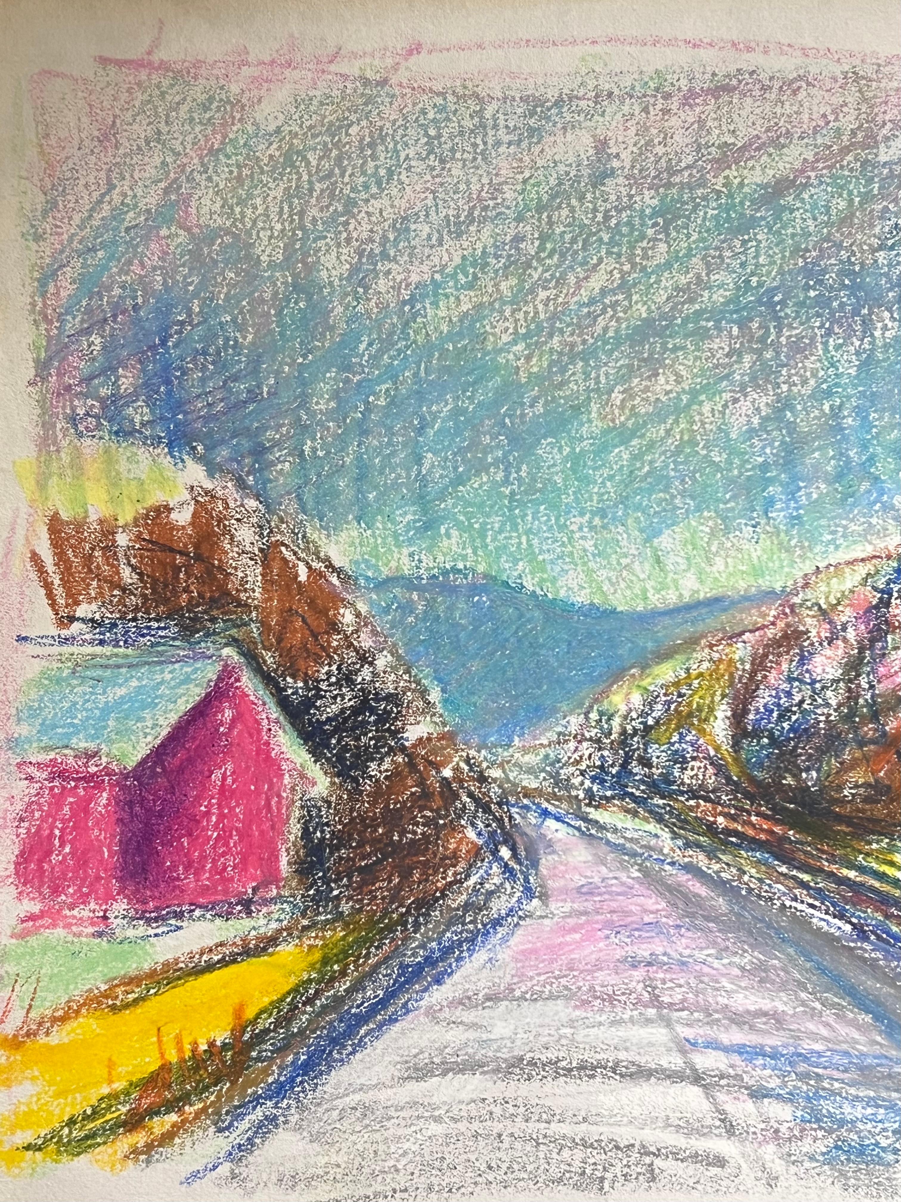 Expresionista francés del siglo XX Paisaje montañoso de carretera brillante y colorido - Painting Abstracto de Akos Biro