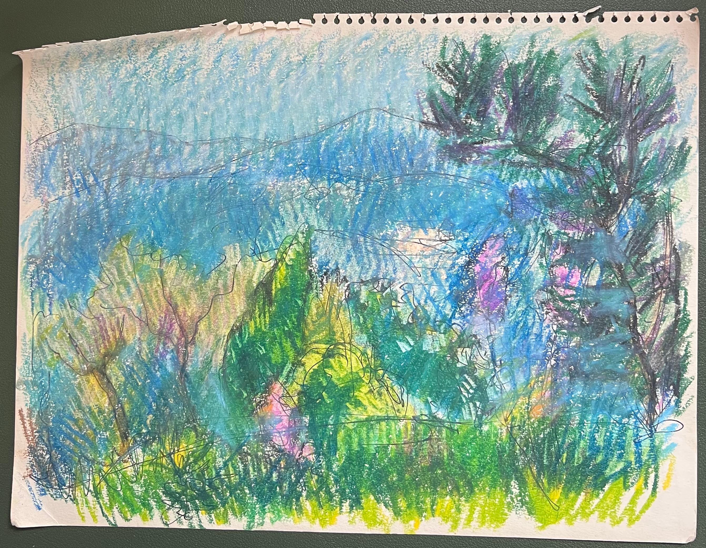 Espressionista francese del XX secolo: Paesaggio montano in verde e blu - Painting di Akos Biro