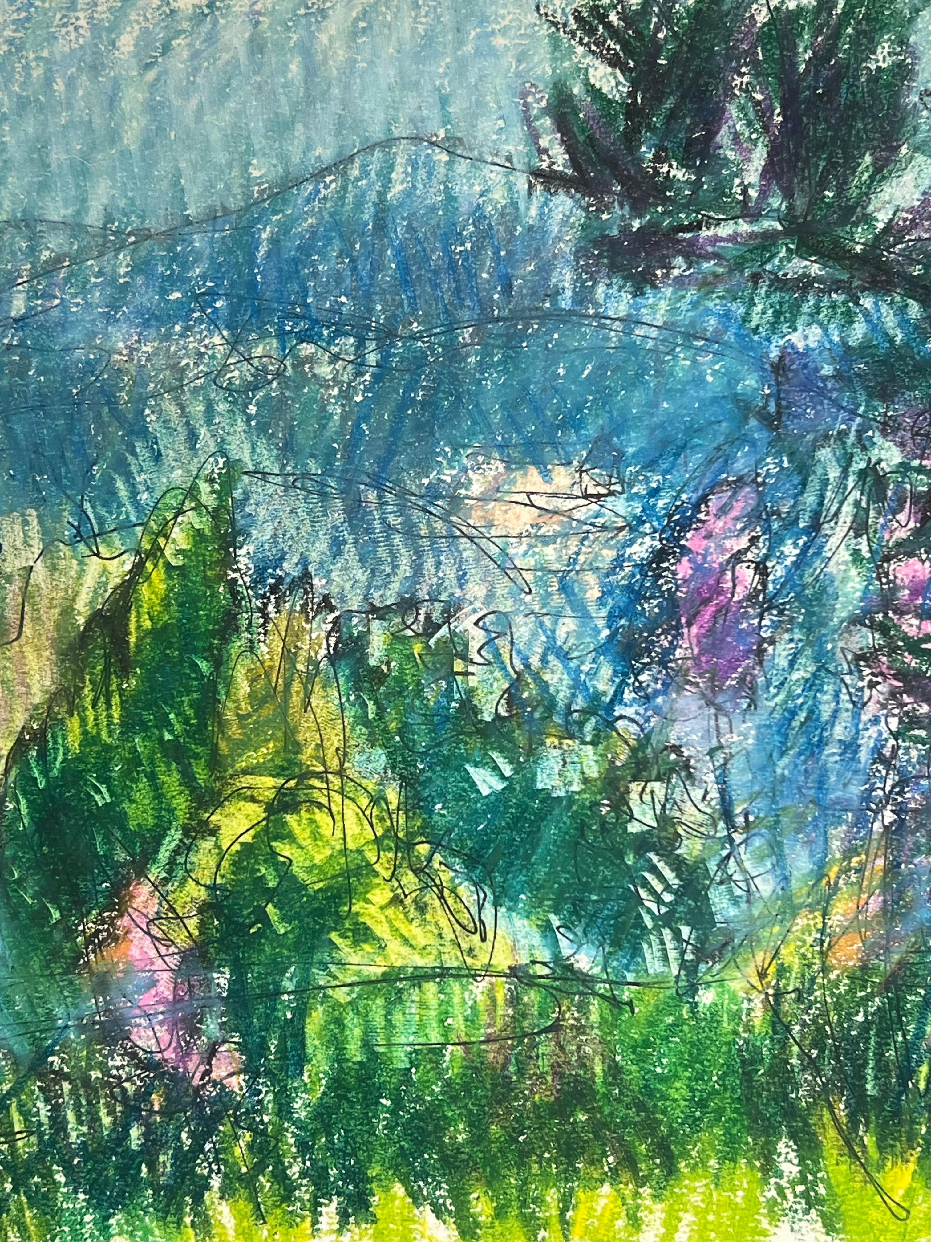 Espressionista francese del XX secolo: Paesaggio montano in verde e blu - Painting Astratto di Akos Biro