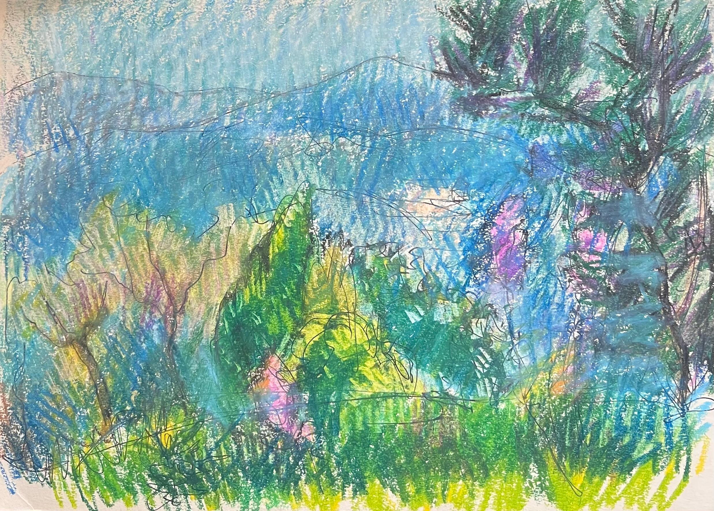 Landscape Painting di Akos Biro - Espressionista francese del XX secolo: Paesaggio montano in verde e blu