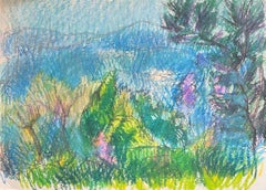 20th Century French Expressionist Bright Green & Blue Forest Mountain Landscape