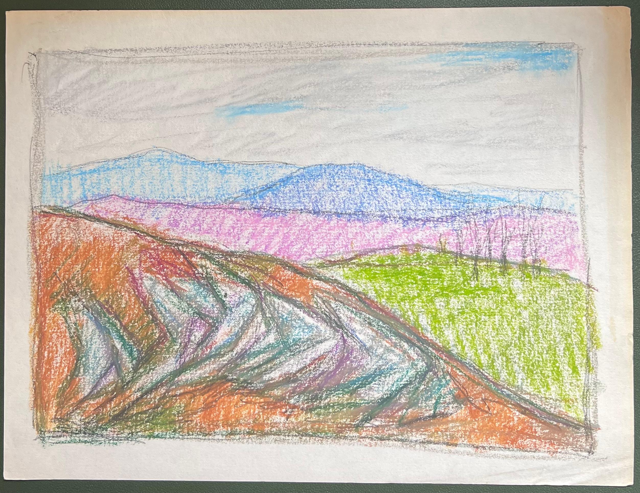 Expresionista francés del siglo XX Paisaje al pastel en un valle de colores - Painting de Akos Biro