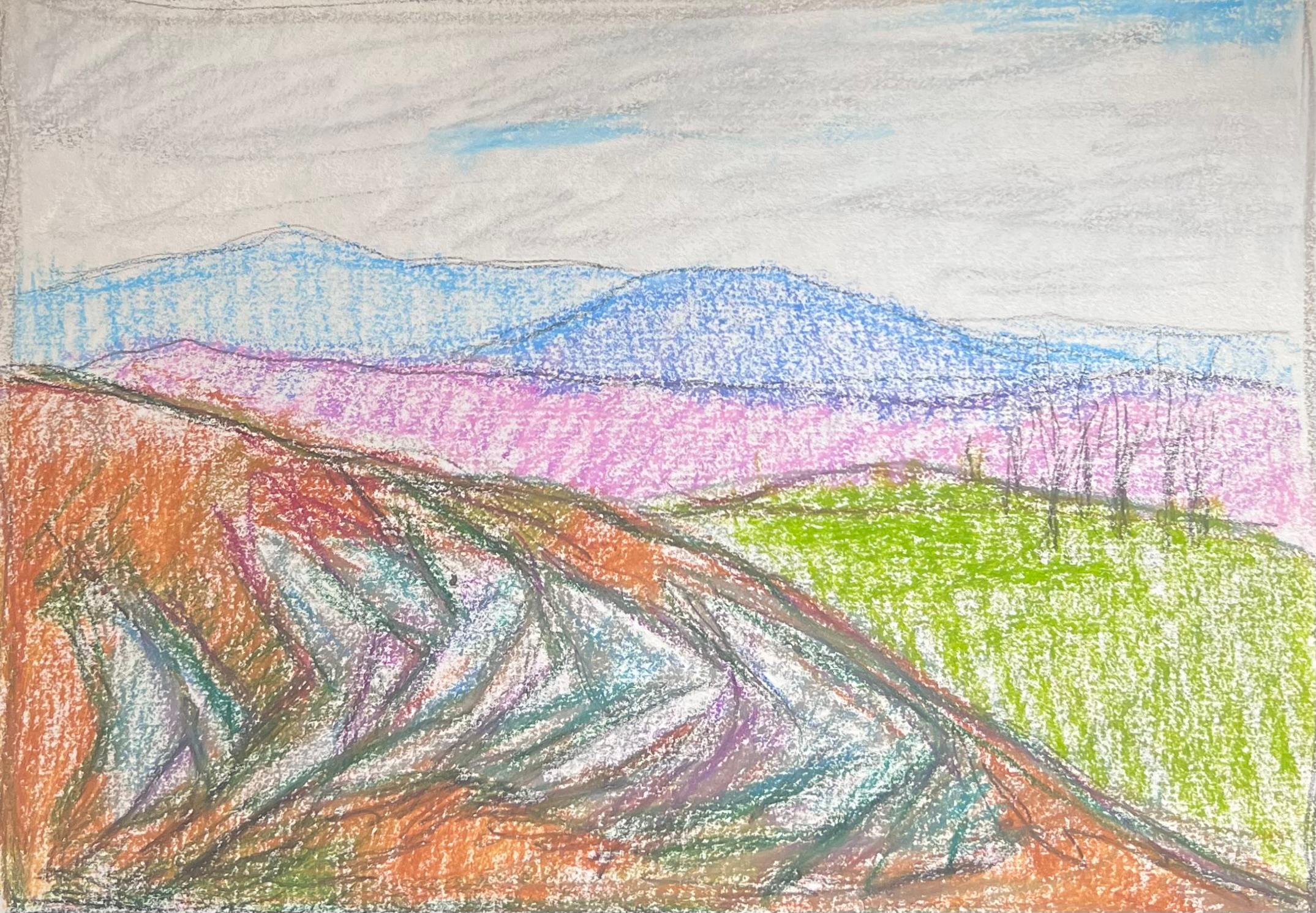 Abstract Painting de Akos Biro - Expresionista francés del siglo XX Paisaje al pastel en un valle de colores