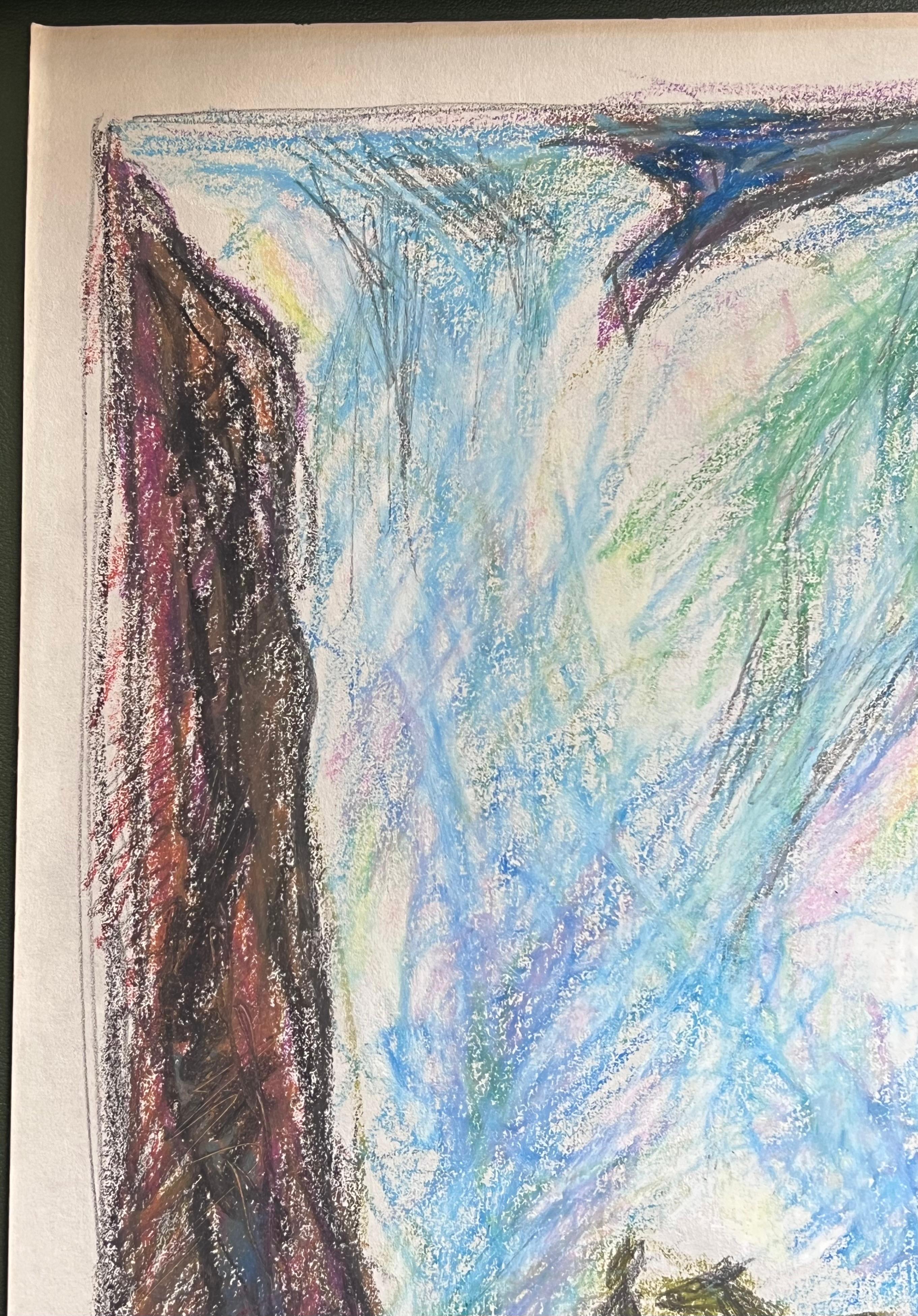 Figura e cavallo espressionista francese del XX secolo in una grotta blu scuro - Painting di Akos Biro