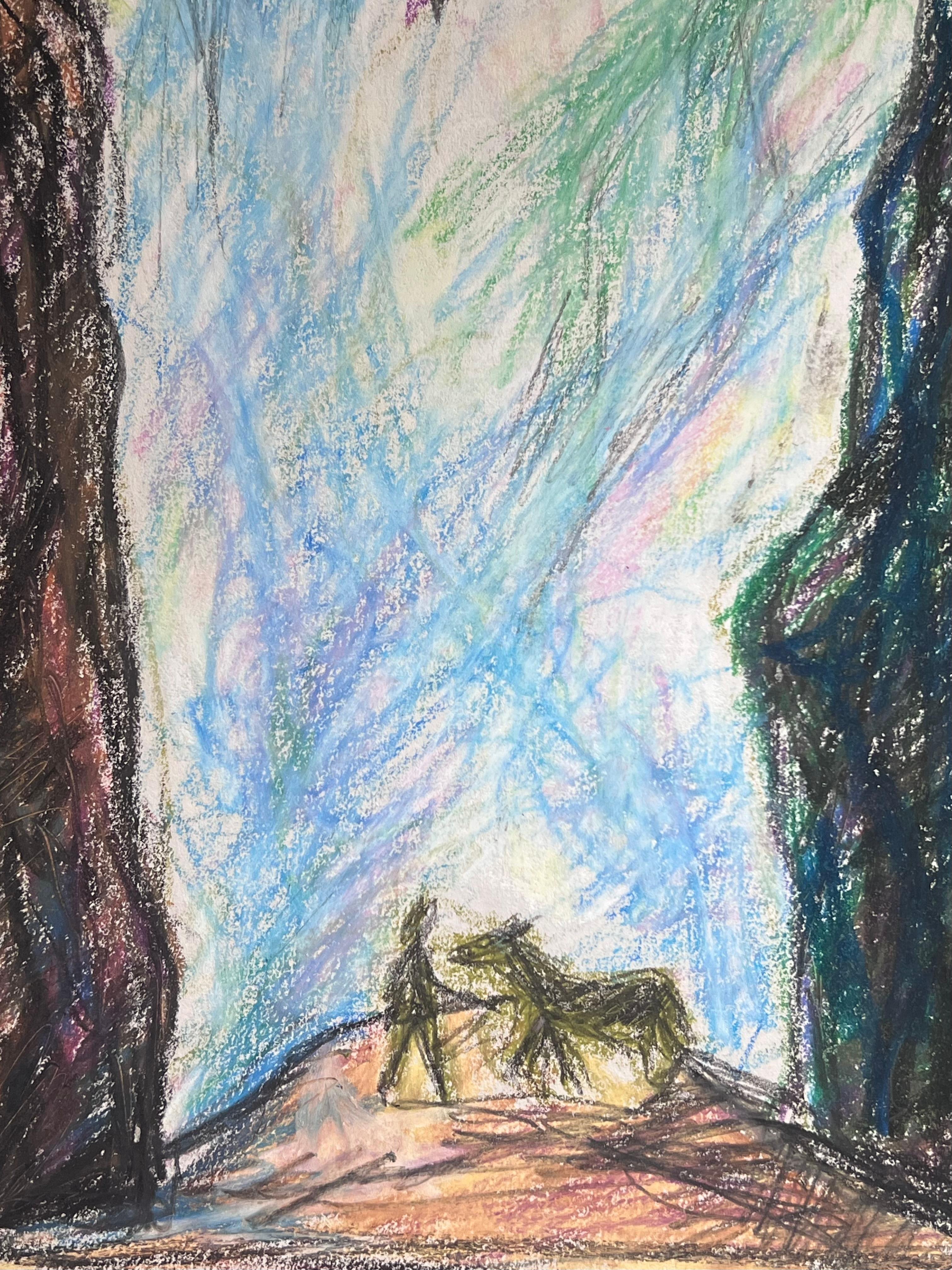 Figura e cavallo espressionista francese del XX secolo in una grotta blu scuro - Painting Astratto di Akos Biro