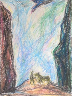 Vintage 20th Century French Expressionist Figure & Horse in Gloomy Blue Cave