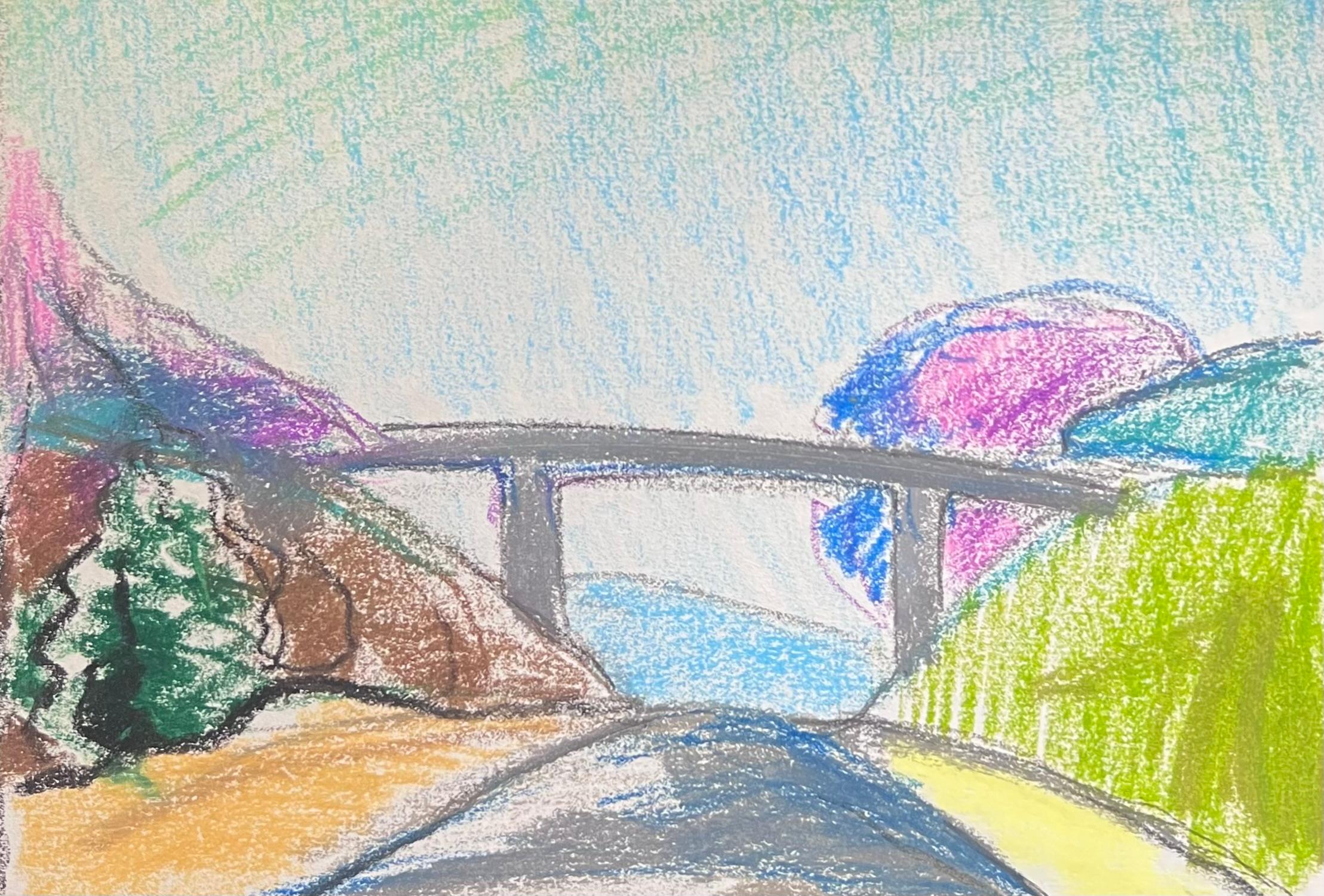 Paisaje expresionista francés del siglo XX Puente gris sobre una pista de colores - Painting de Akos Biro