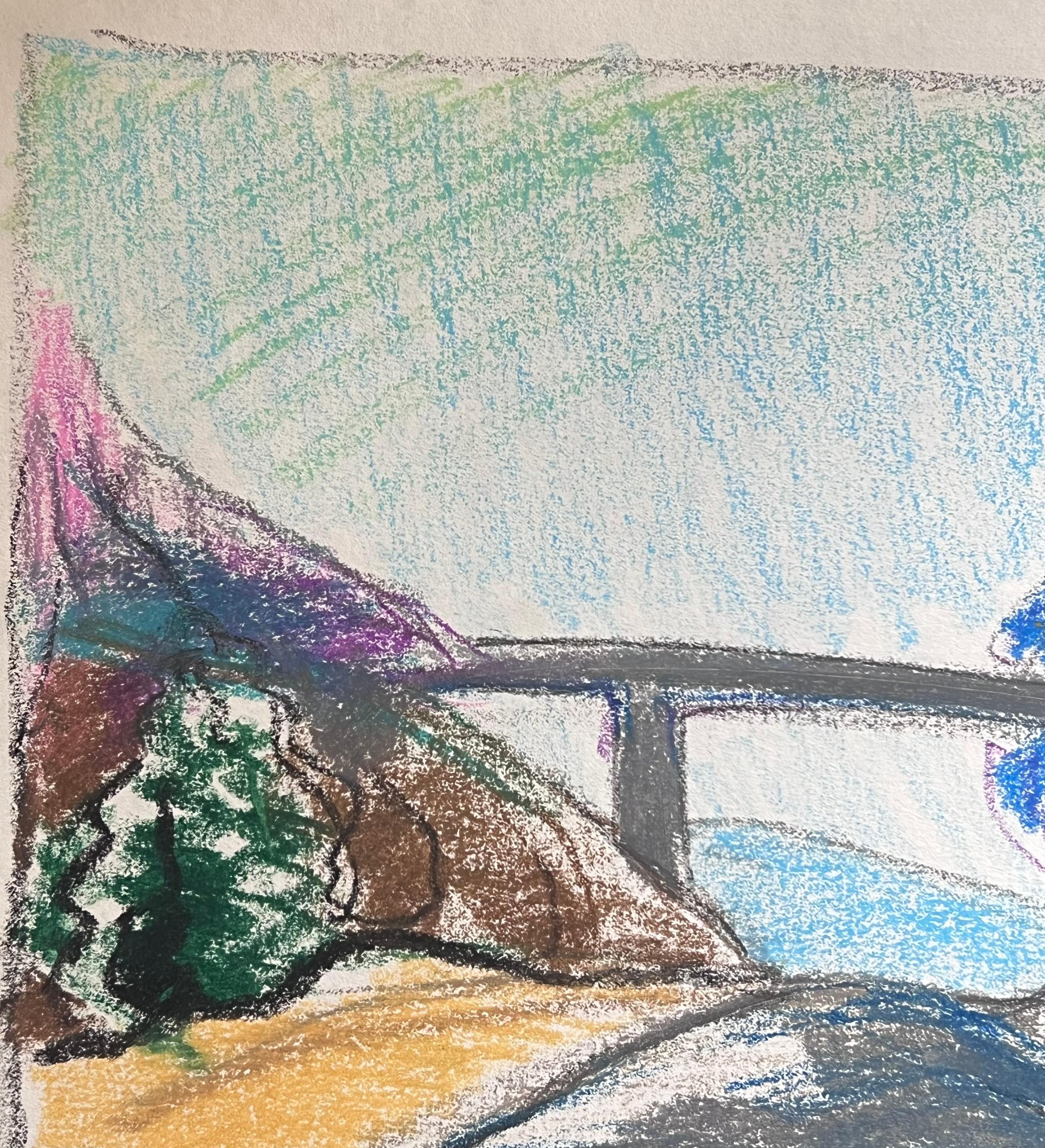 Paisaje expresionista francés del siglo XX Puente gris sobre una pista de colores - Painting Abstracto de Akos Biro