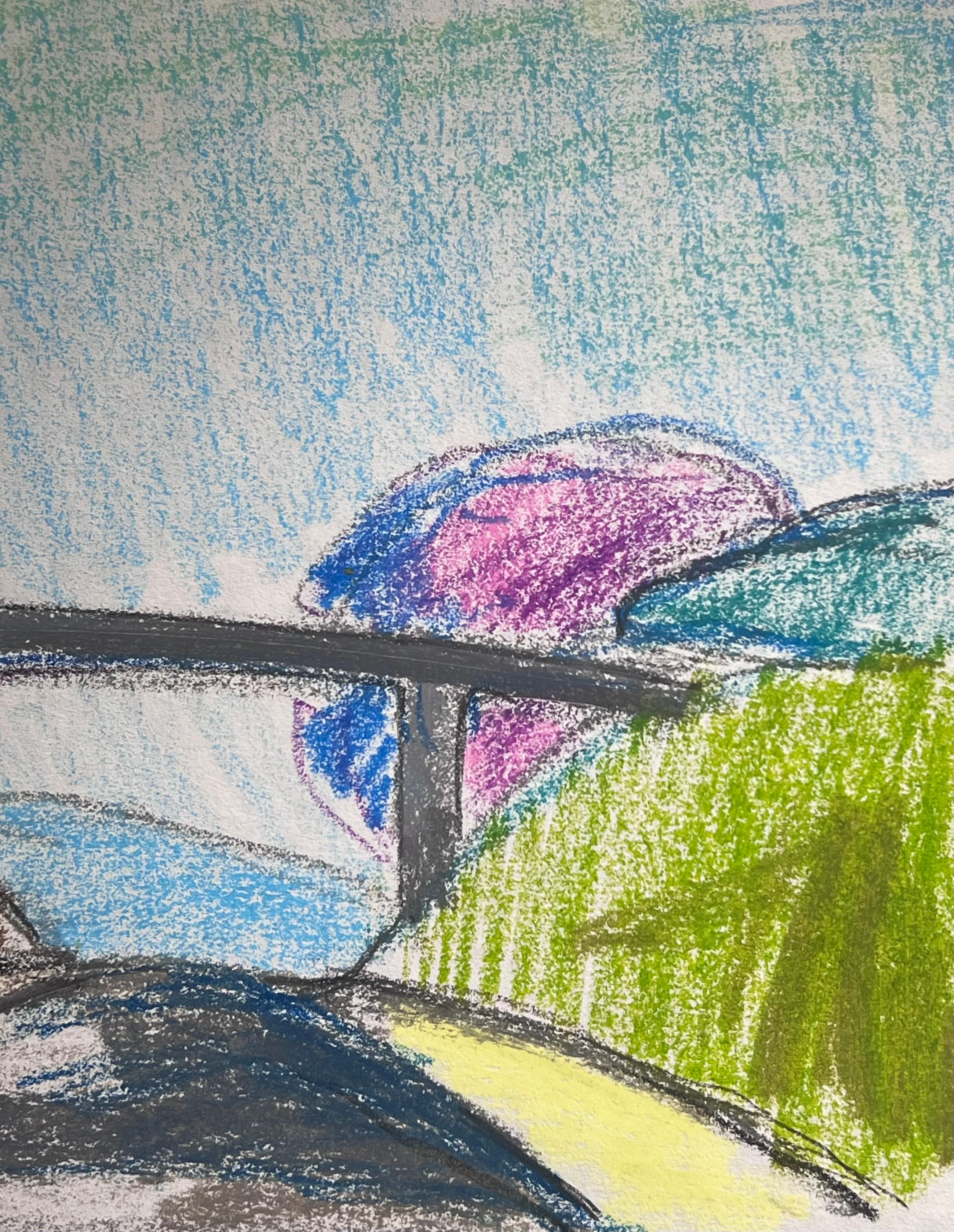 Paisaje expresionista francés del siglo XX Puente gris sobre una pista de colores - Landscape Painting Gris de Akos Biro