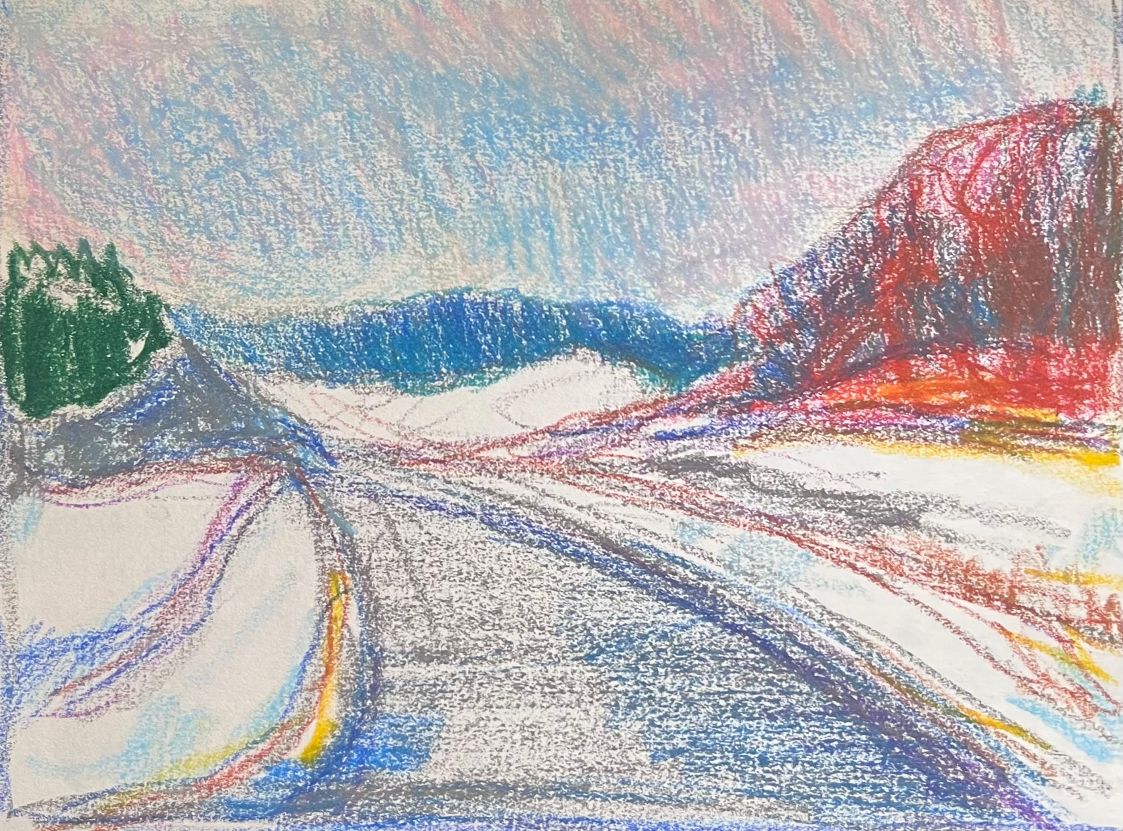 Abstract Painting di Akos Biro - Espressionista francese del 20° secolo: pista di neve aperta in un paesaggio montano