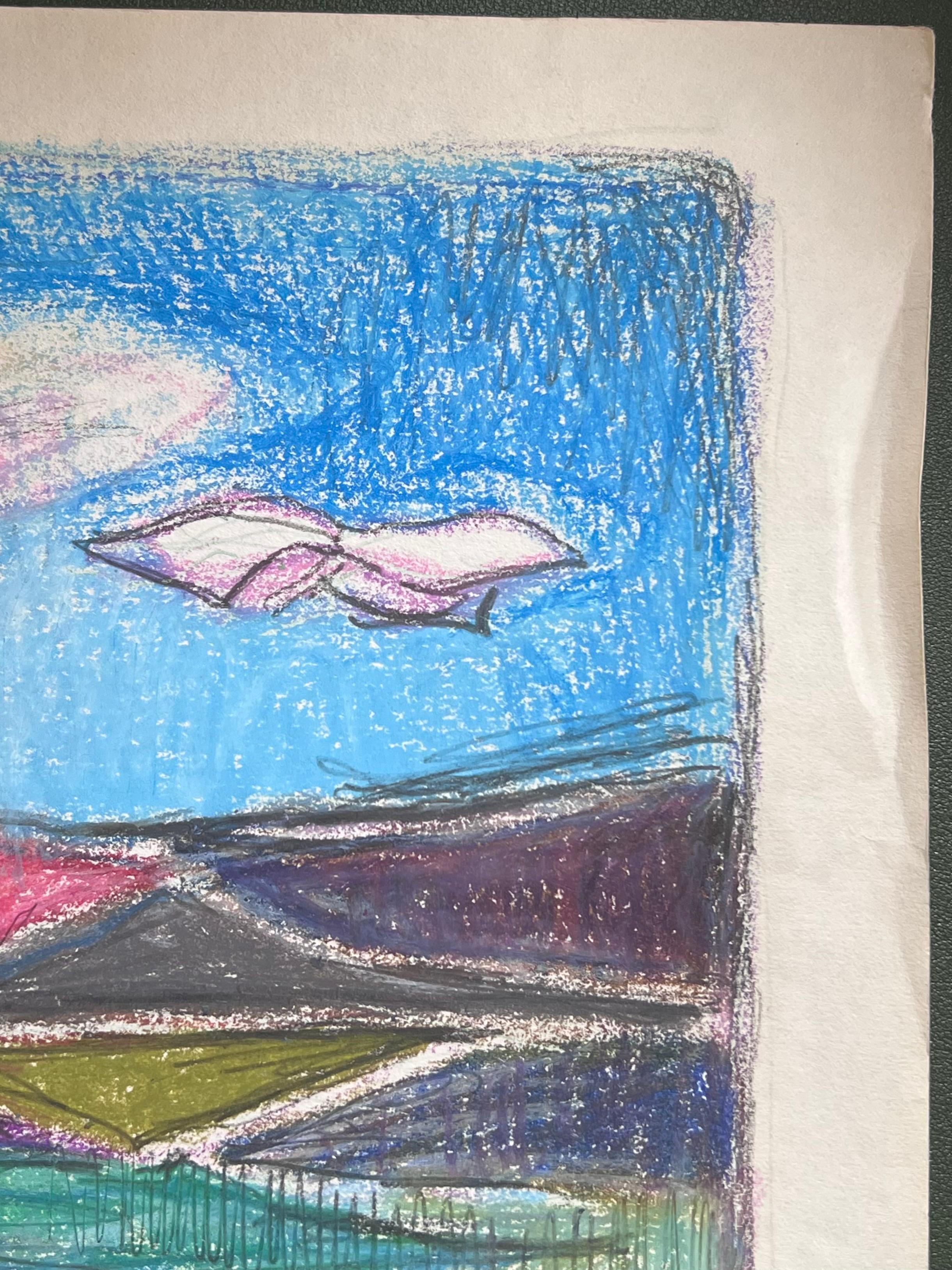 Pastel expresionista francés del siglo XX Cielos azules sobre valles coloridos - Painting Abstracto de Akos Biro