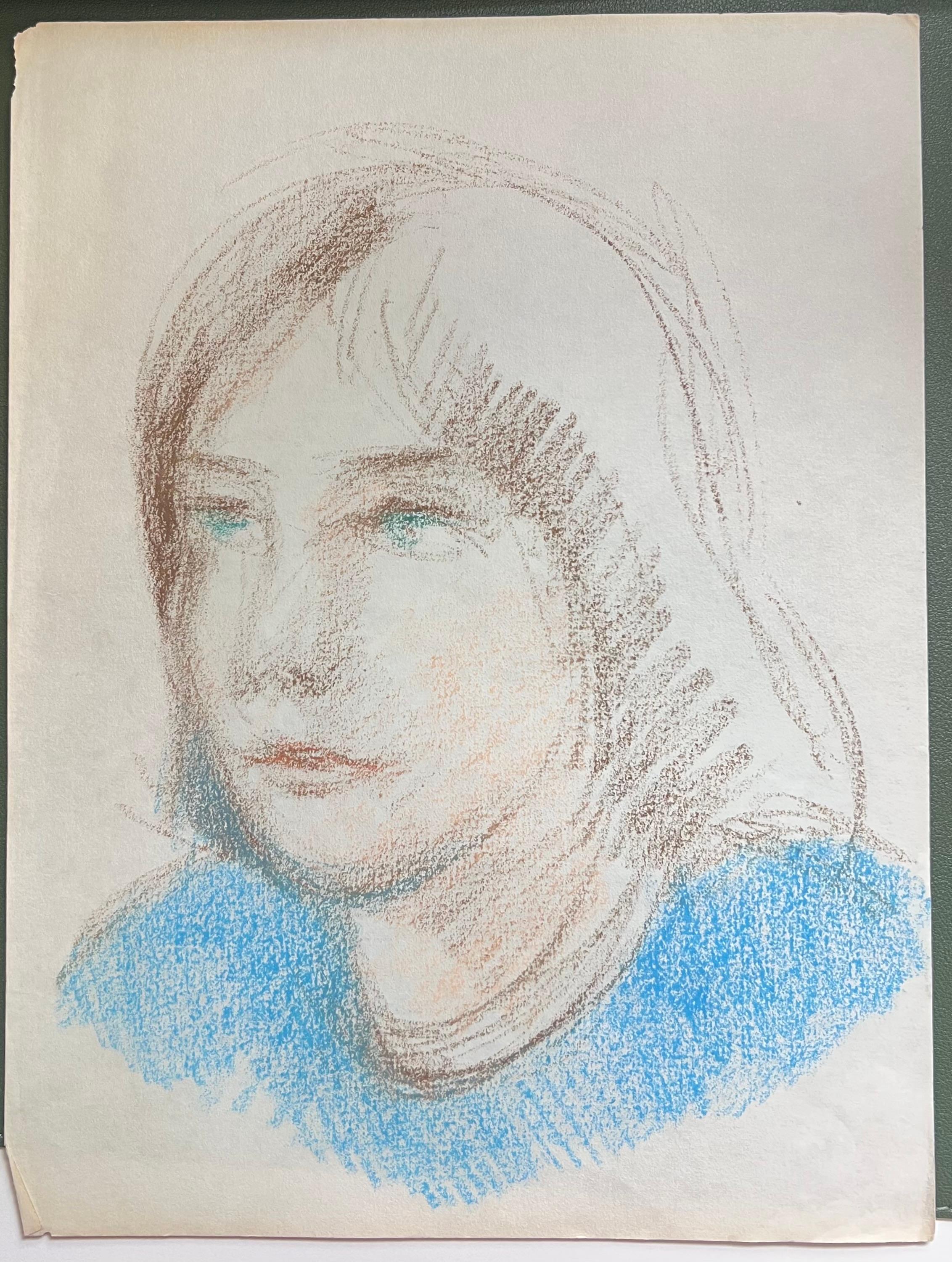 Ritratto espressionista francese del XX secolo di una ragazza dagli occhi azzurri con schizzo blu - Painting di Akos Biro