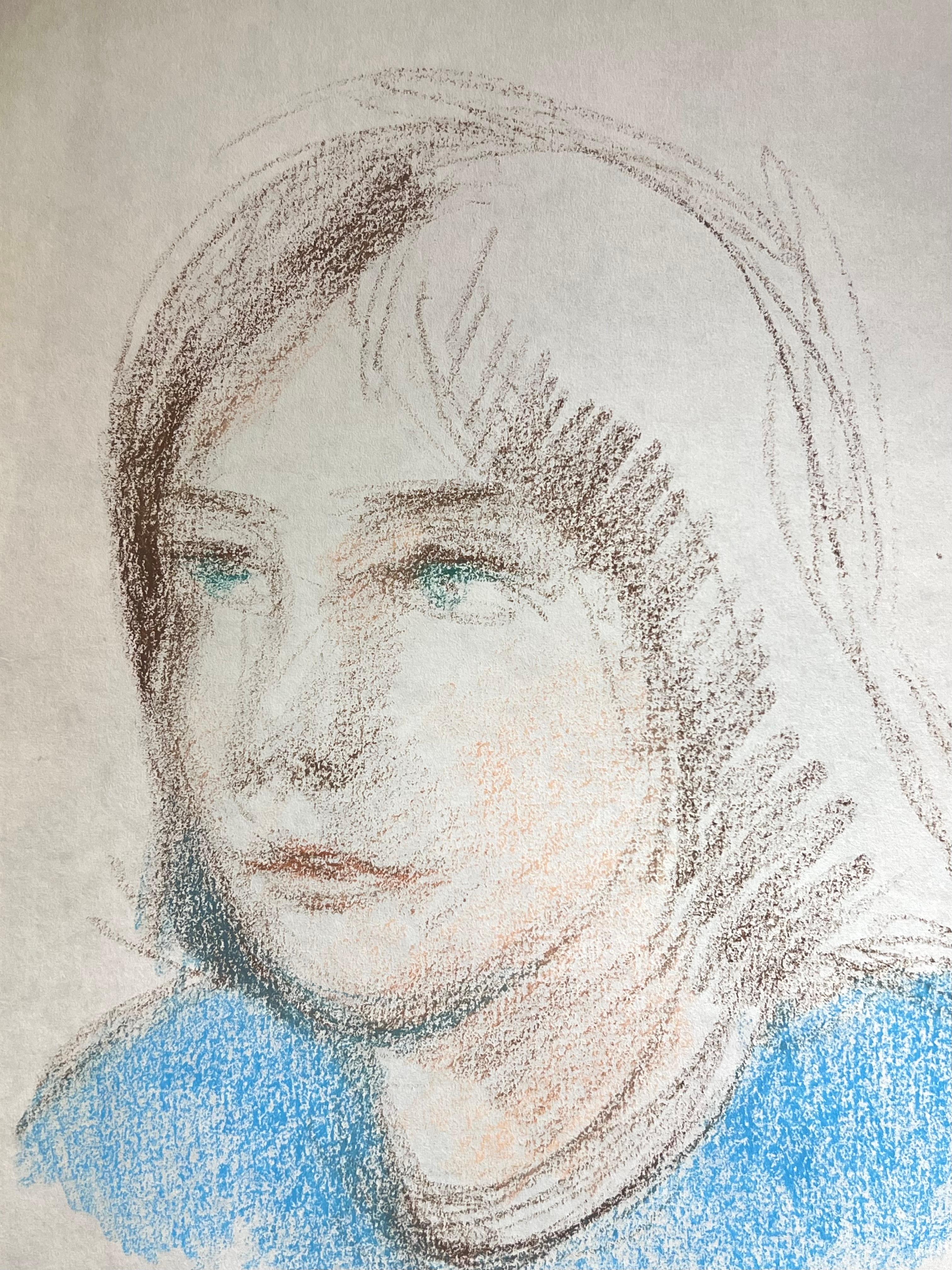 Ritratto espressionista francese del XX secolo di una ragazza dagli occhi azzurri con schizzo blu - Painting Astratto di Akos Biro