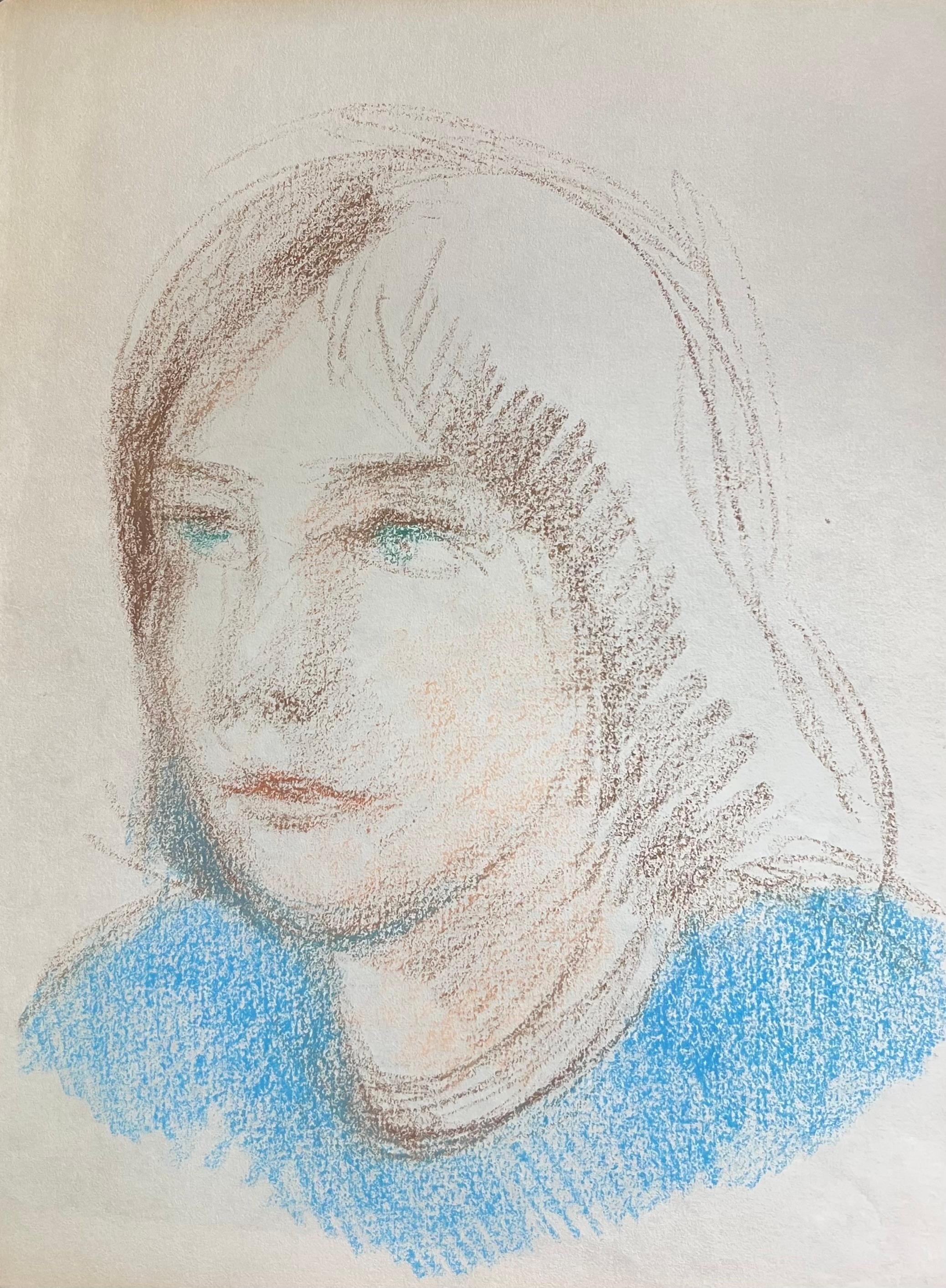 Ritratto espressionista francese del XX secolo di una ragazza dagli occhi azzurri con schizzo blu - Figurative Painting Grigio di Akos Biro