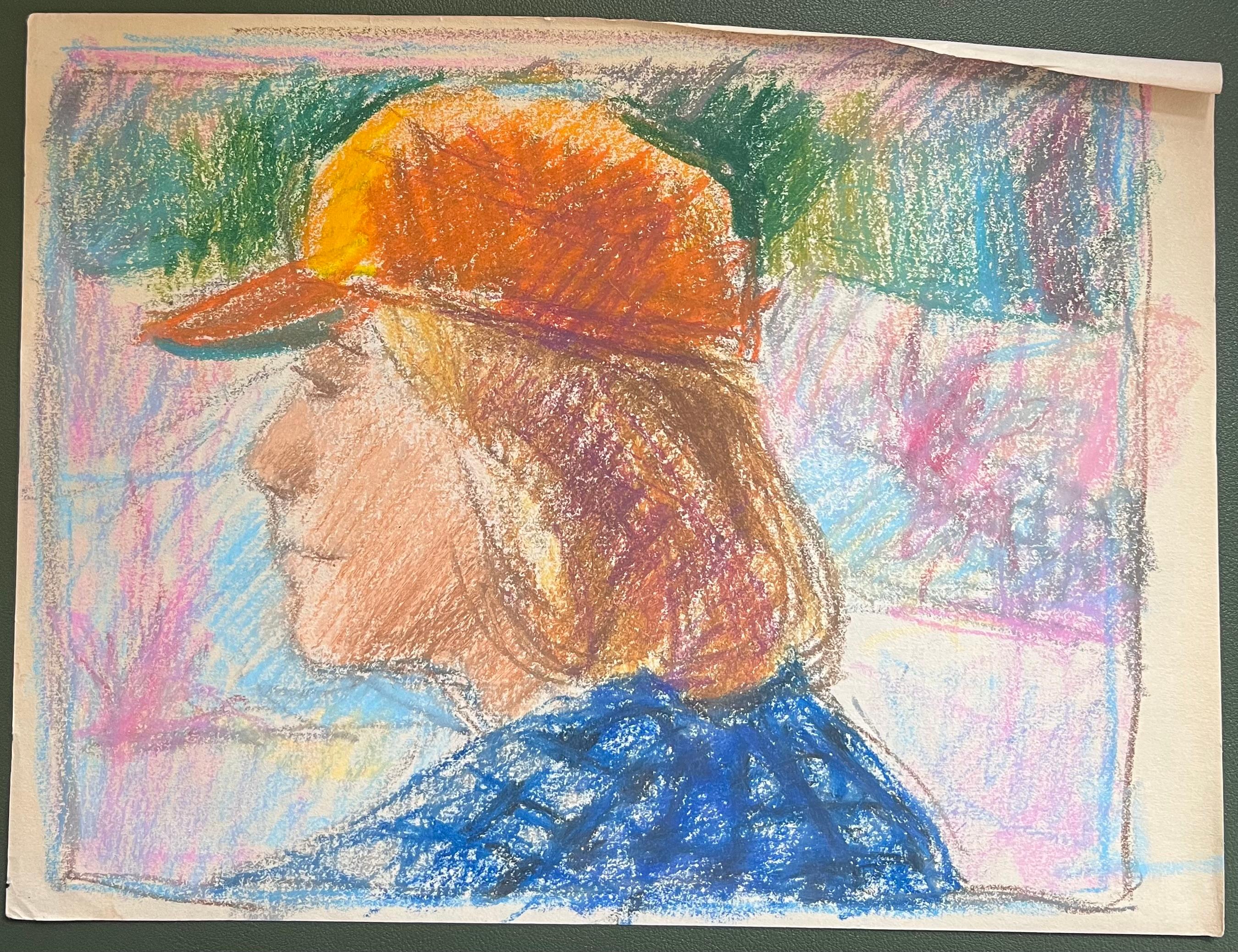 Portrait expressionniste français du 20e siècle d'une fille en capuchon plat orange - Painting de Akos Biro