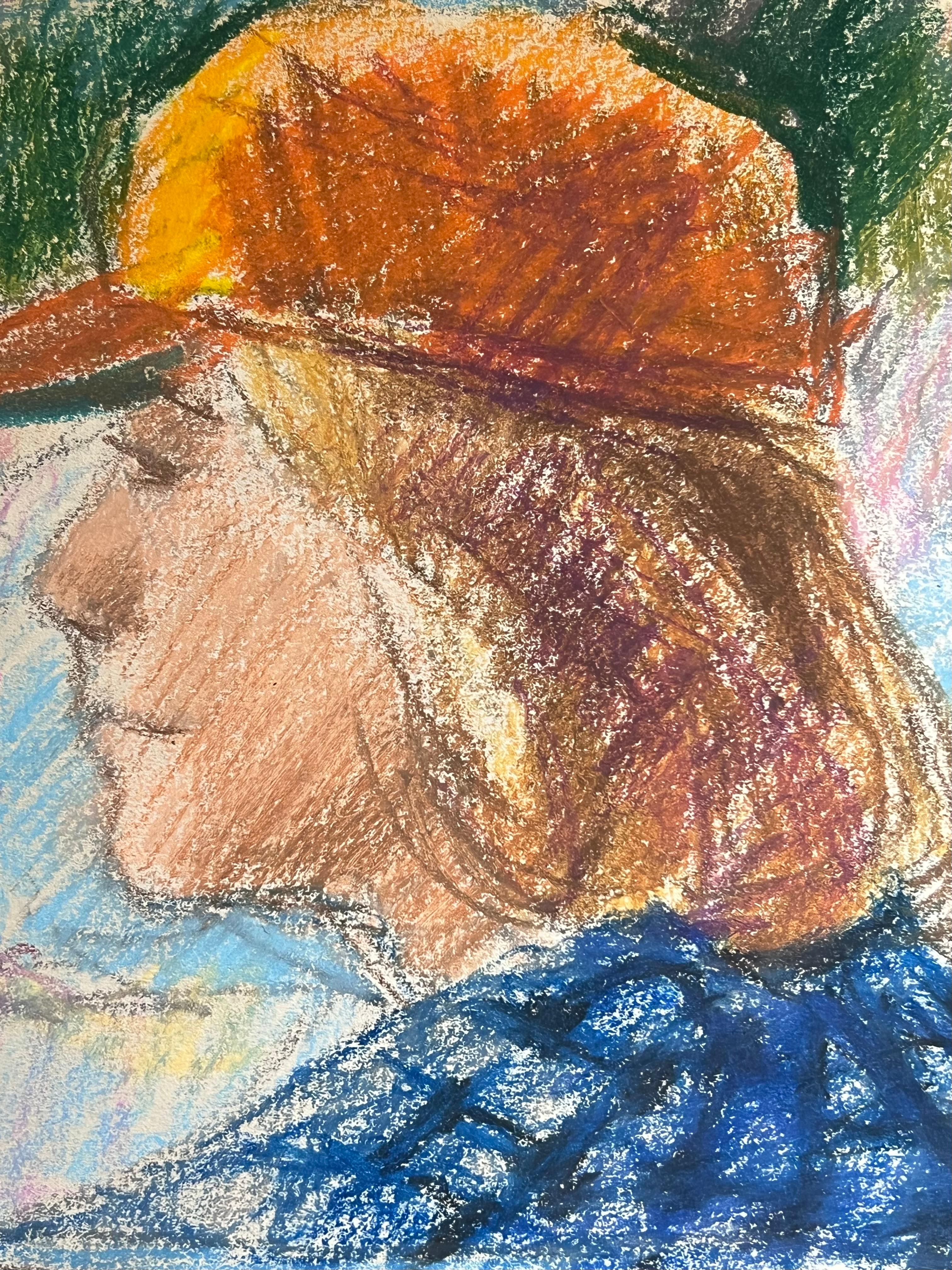 Portrait expressionniste français du 20e siècle d'une fille en capuchon plat orange - Abstrait Painting par Akos Biro